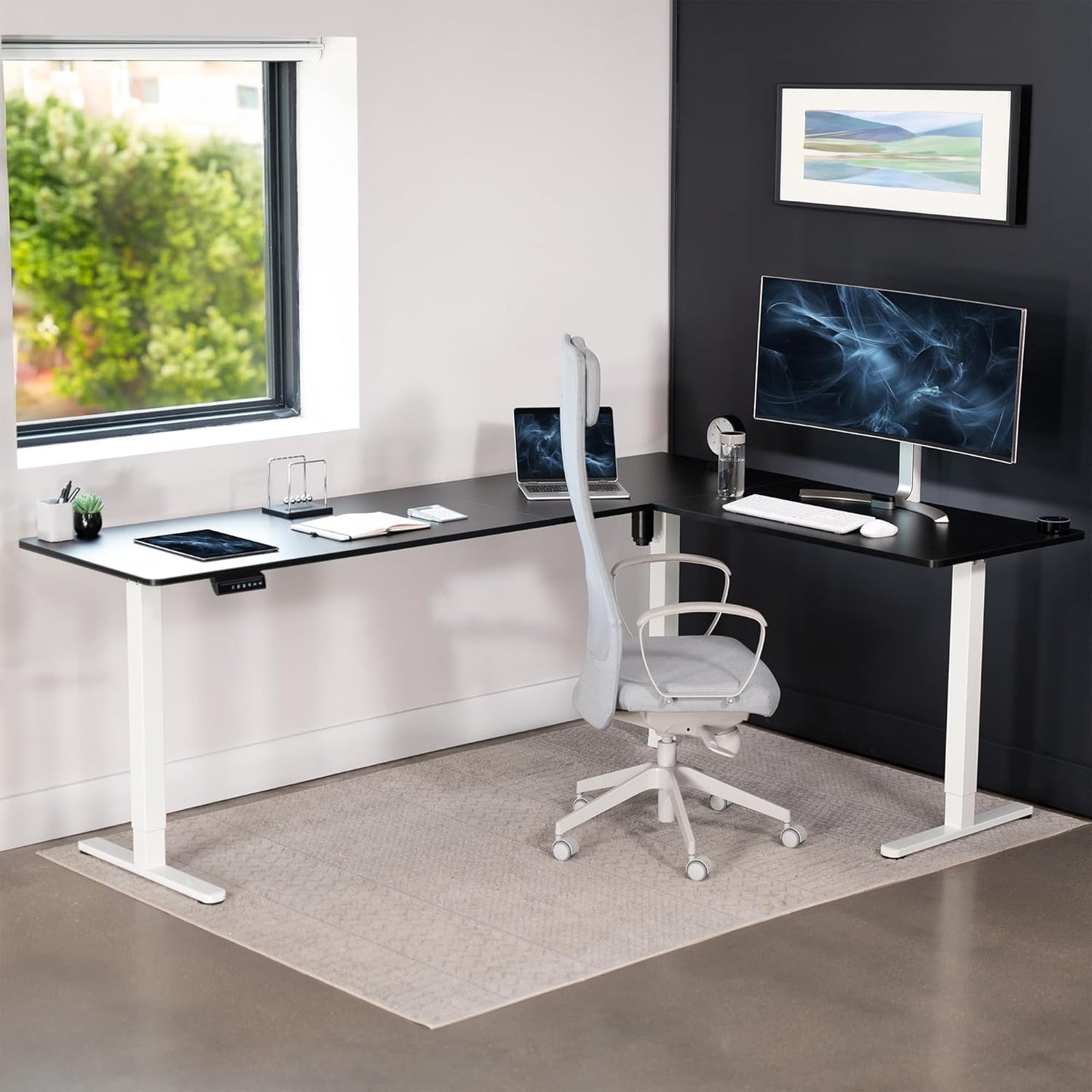 VIVO Electric Corner L-Shaped 84 x 63 in Standing Desk, Memory Height Adjustment, Black Top White Frame, DESK-E3CTWB-84
