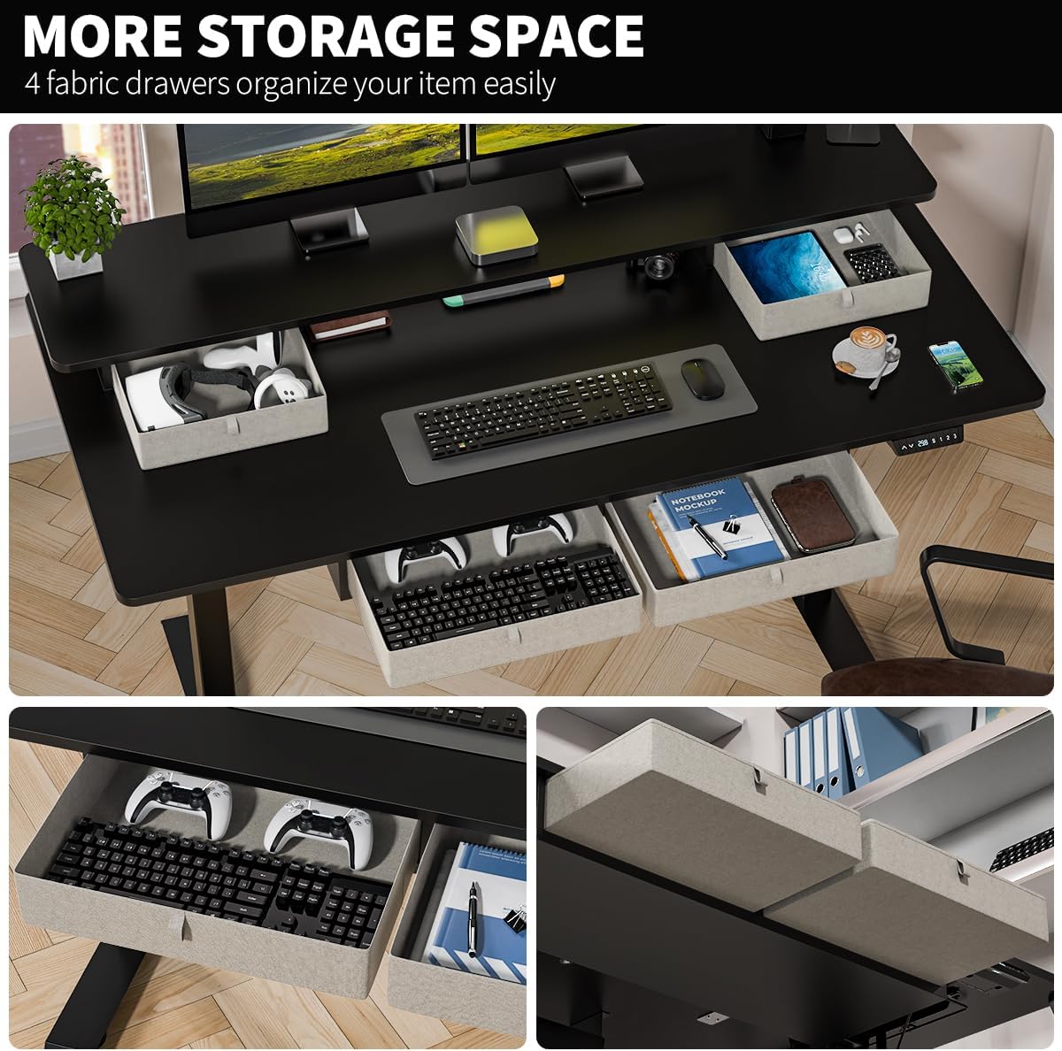 Standing Desk with Fast Charging USB Ports, 63" x 30" Height Adjustable Home Office & Gaming Desk, Sit Stand Desk with Built-in Storage Shelf, Hook & Ergonomic Design(Classic Black)