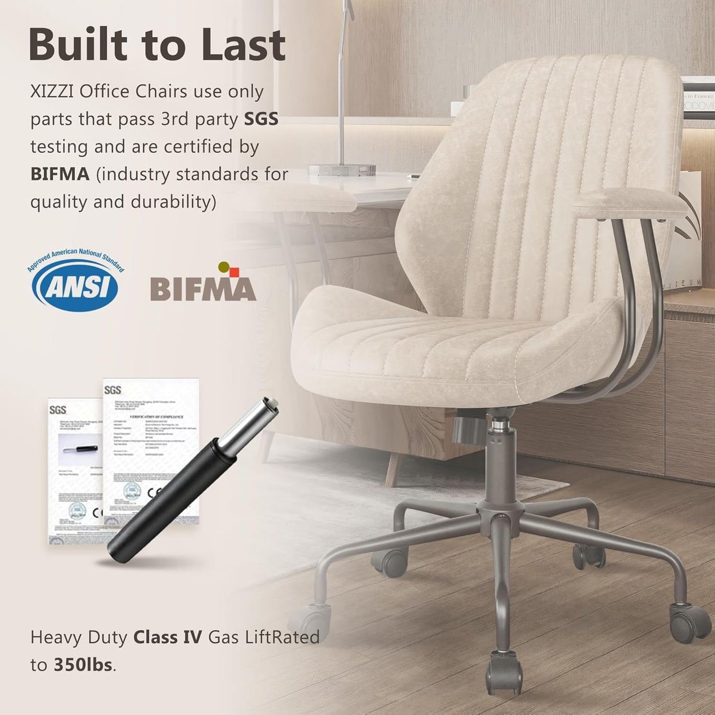 Mid Century Modren Office Chair - Swivel Executive Chair with Lumbar Support, Mid Back Ergonomic Computer Desk Chair with Wheels,Faux Lether Suede Task Chair,350lbs (Beige, Mid Back)