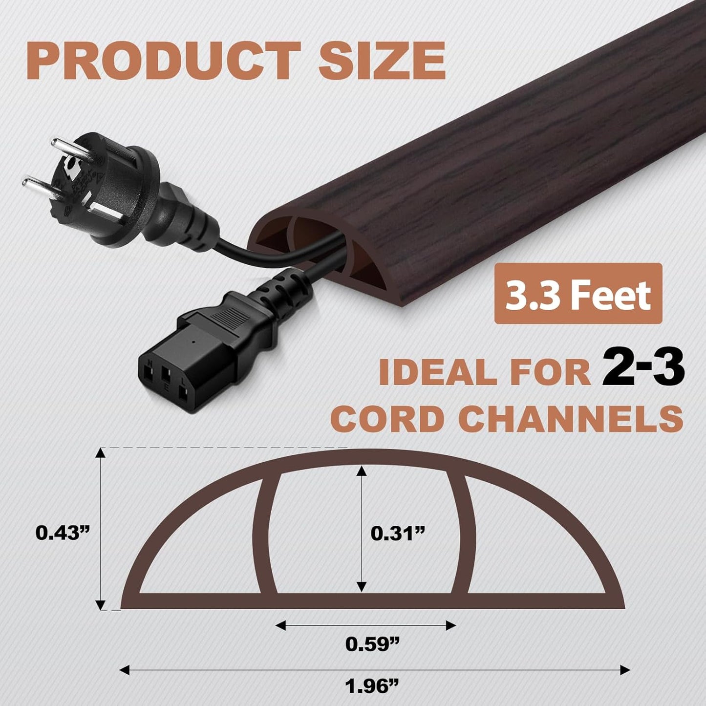 Floor Cord Cover for Wires on Floor Self Adhesive Cord Hider Floor Cable Management Wire Covers for Cords Protector Prevent Cable Trips Cord Cavity W 0.59" x H 0.31", Black Walnut, 3.3Ft