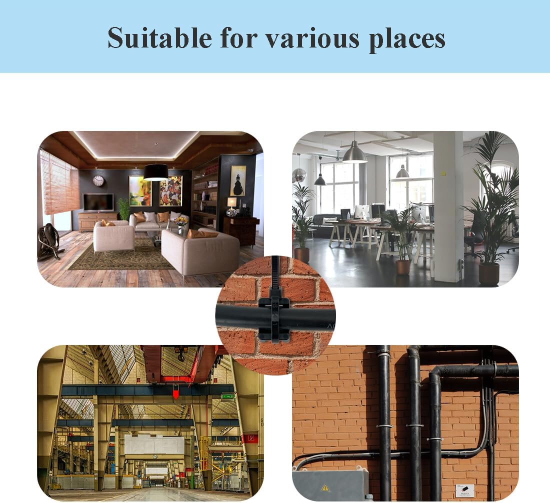 HS Saddle Type Cable Zip Tie Mounts Base Kit with Screw Hole,Set Strong 6 Inch Nylon Cable Ties and Screws Each 100 PCS,Wire Clips Anchor Management Fastener for Baseborad,Wall or Desk,Black