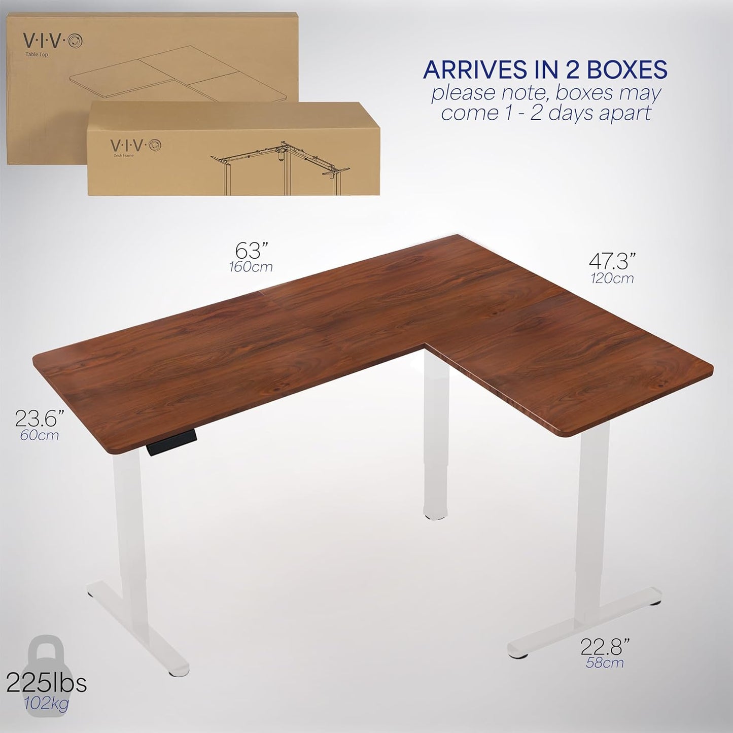 VIVO Electric Corner L-Shaped 63 x 47 in Standing Desk, Memory Height Adjustment, Dark Walnut Top White Frame, DESK-E3CTWD-47