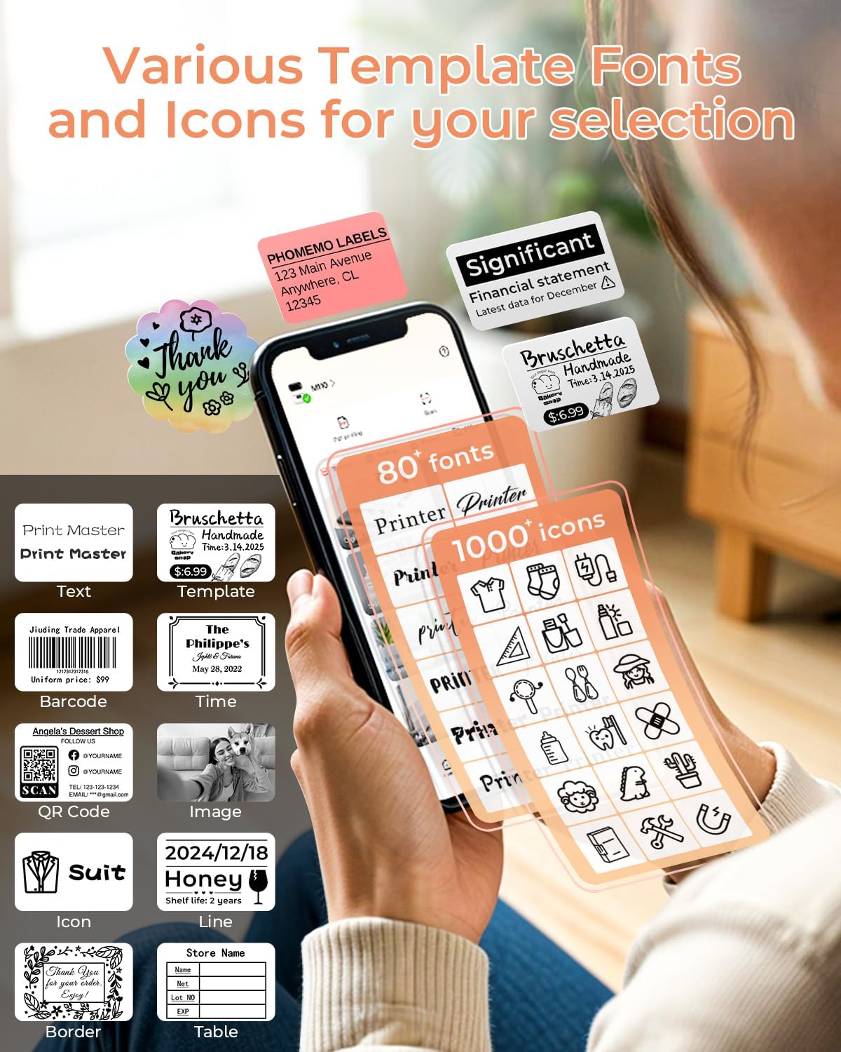 Phomemo Barcode Printer - M110 Label Maker Machine Wireless Bluetooth Themal Label Printer for Small Business, School, Barcode, Address, Jewelry, Clothing, Organizing, Orange