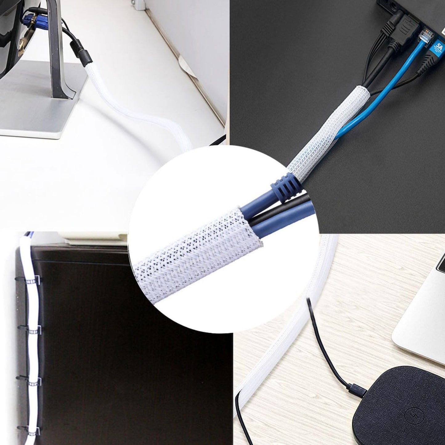 3/8"-50ft Braided Cable Sleeve Protector - Self-Wrapping Split Wire Loom for TV, Computer, Home Theater, Engine Bay - Heavy-Duty Cord Organizer, White