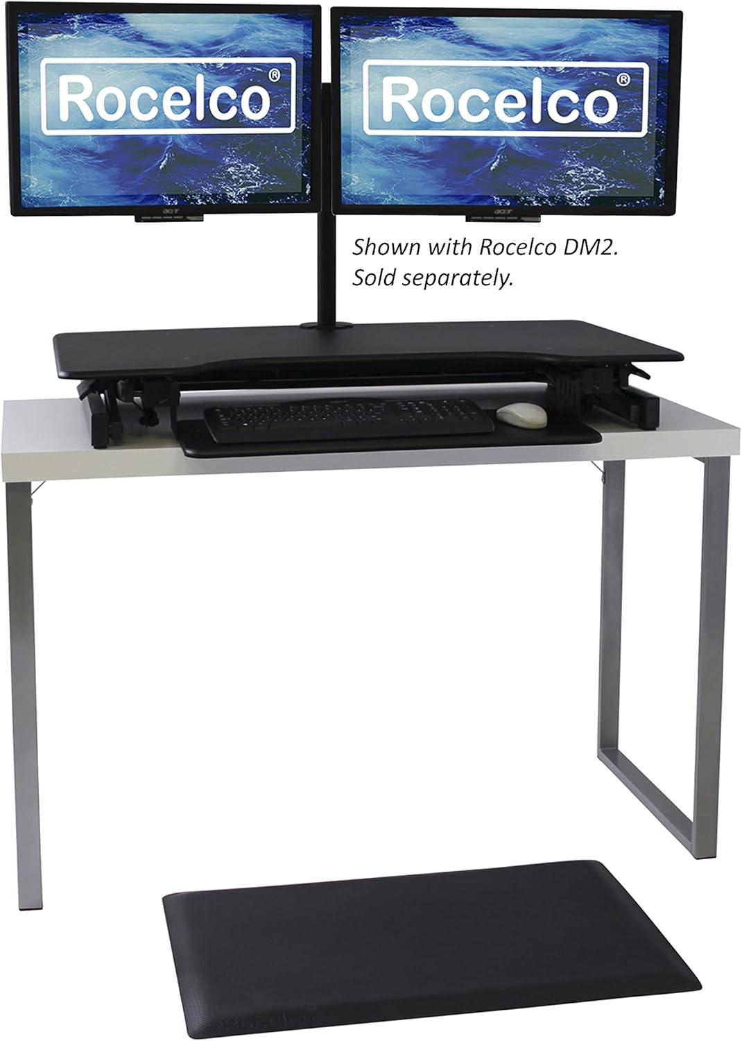 Rocelco 40" Large Height Adjustable Standing Desk Converter with Anti Fatigue Mat BUNDLE - Tall Quick Sit Stand Up Computer Workstation Riser - Retractable Keyboard Tray - Black (R DADRB-40-MAFM)