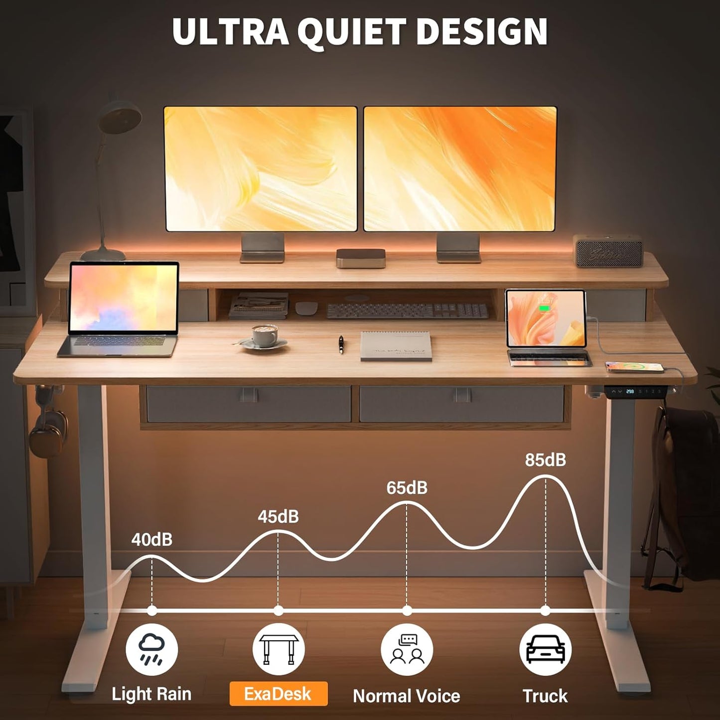 48 * 30 Inches Electric Standing Widened Desk Adjustable Height with 4 Drawers, Double Storage Shelves, Home Office Workstation Sit Stand up Desk (Nature)