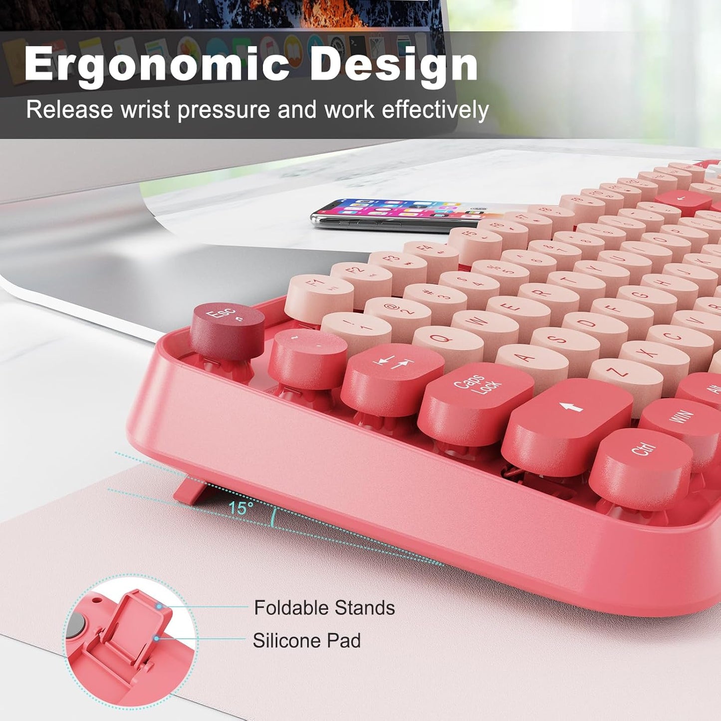 FD Wireless Keyboard and Mouse Combo | Cute Colorful Keyboard and Mouse with 2.4GHz Cordless Retro Typewriter Keyboard | Auto-Sleep | USB Receiver for Windows PC/Laptop - Pink Colorful