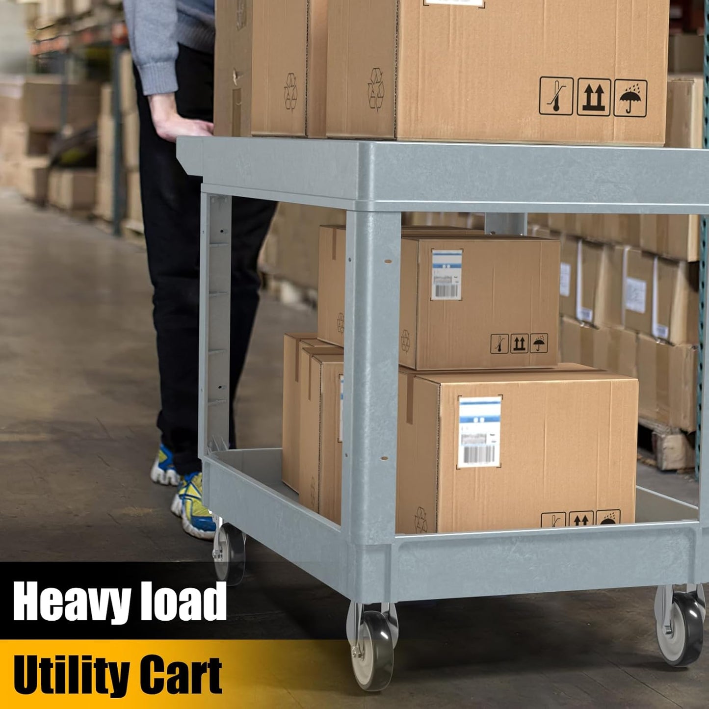 2 Tier Rolling Utility Cart on Wheels, 550 lbs Capacity Flat Top Plastic Service Cart with Lipped Shelves, 46 x 26-Inch Heavy Duty Work Cart for Warehouse, Garage, Cleaning, Gray