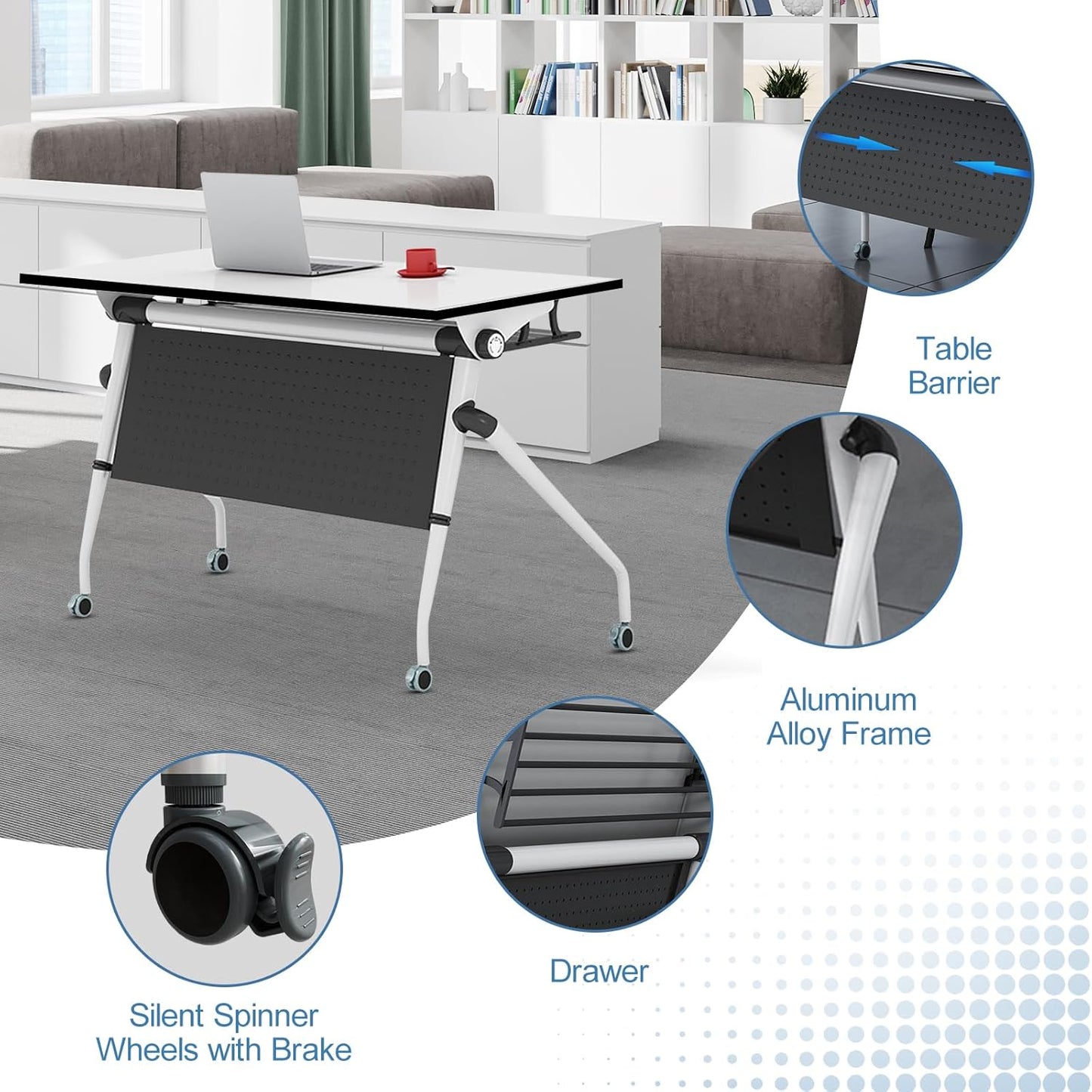 Conference Table, Folding Conference Room Tables, Mobile Training Tables with Silent Wheels, Large Rectangular Modular Seminar Table Office Computer Desks for Classroom White (2Pack L55.1in)