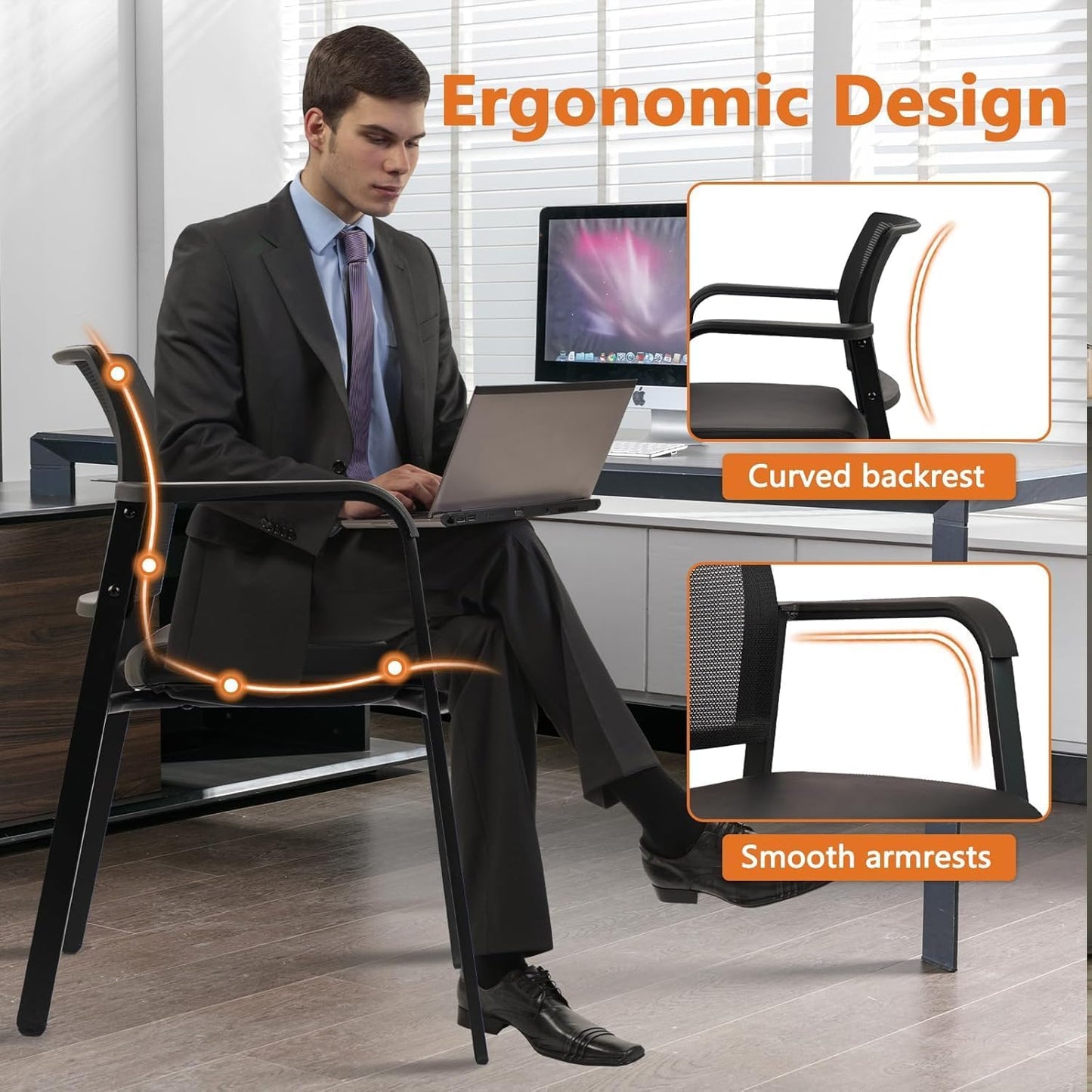 CLATINA Stackable Office Chair, Mesh Back Guest Chairs with Comfortable Leather Seat Arms Stacking Ergonomic Desk Chair No Wheels for Conference Waiting Reception School Stationary, Black, Set of 8