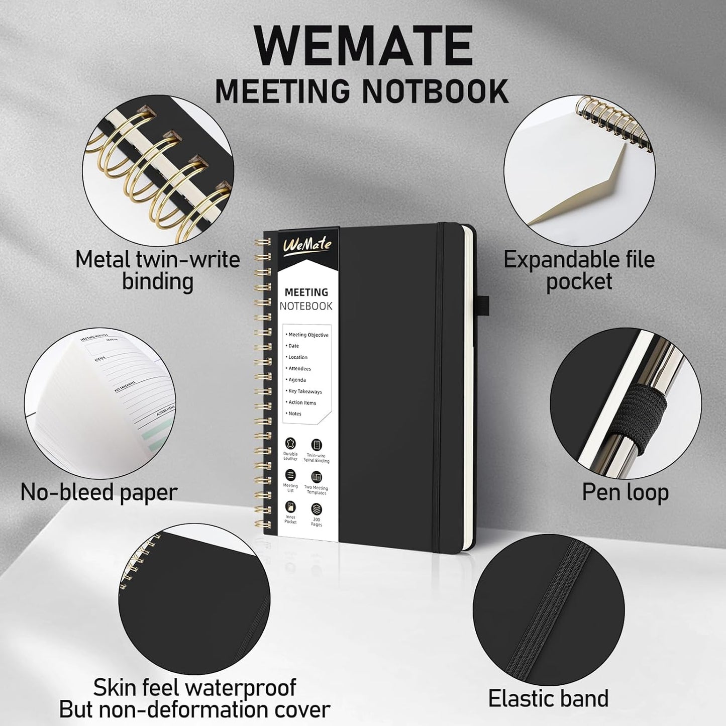 WEMATE 5 Pack Meeting Notebooks for Work(7"x10") 200 Pages, PU Leather Notebook with Action Items & Note, For Staff & Students, Meeting, Projects Planning - All Black Set