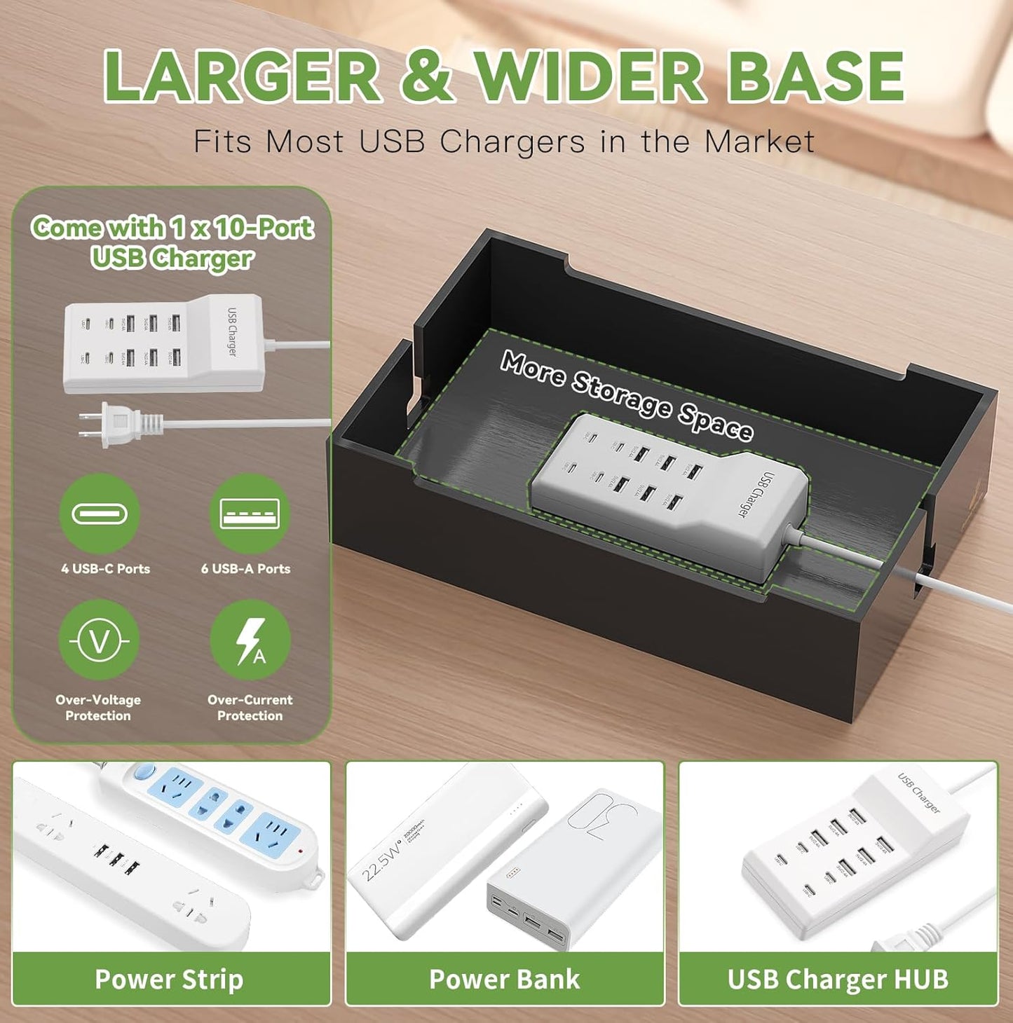Pezin & Hulin Bamboo Charging Station for Multiple Devices, USB Charger Dock Organizer, with Power Supply (10 Ports HUB), 6 Cables, Cable Management Organizer for Cell Phones, Tablets -Natural+Black