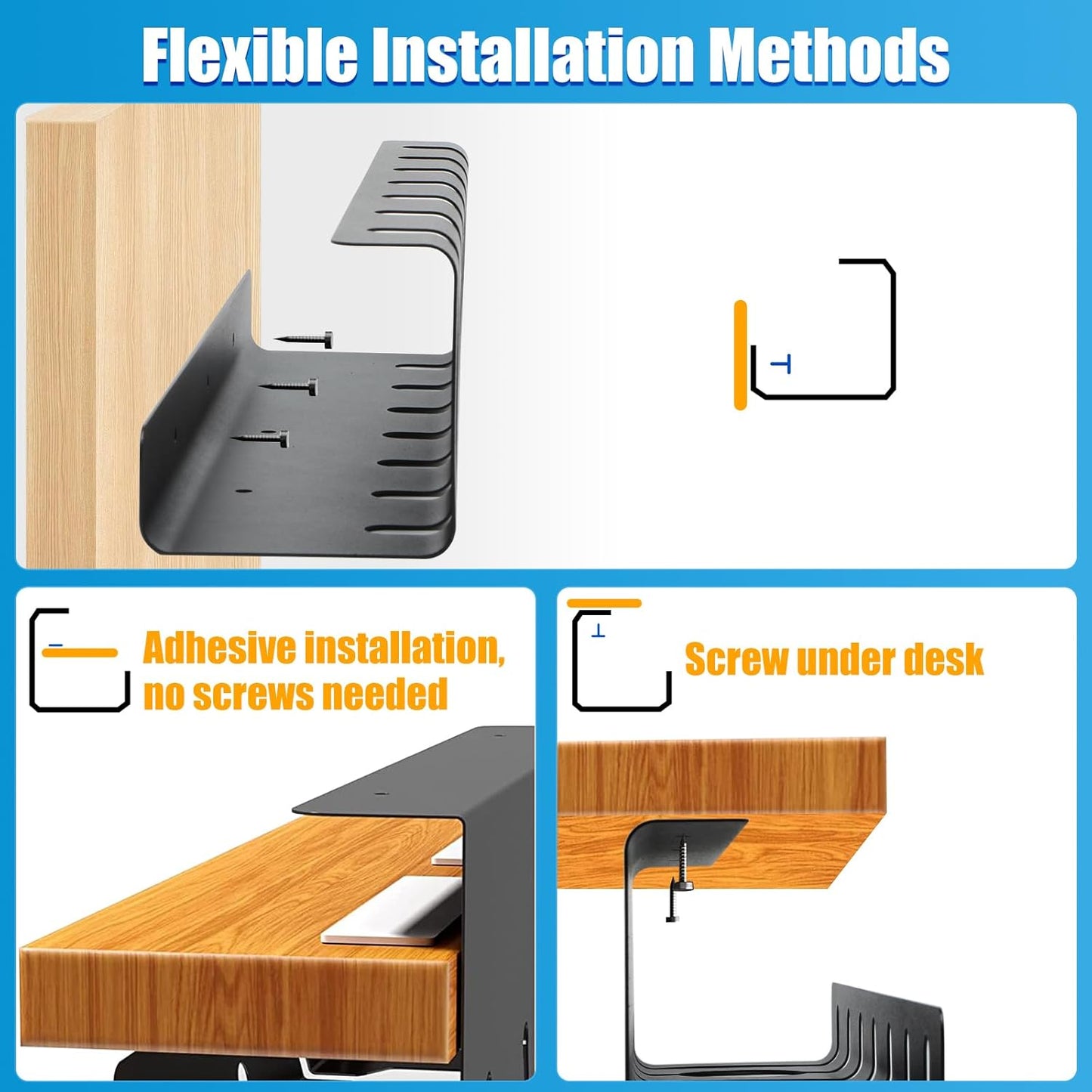 2 Pack Under Desk Cable Management Tray, 17" Wire Organizer for Power Strip, No Drill or Screw Mount, Easy Install Cord Raceway for Desk & Home, Black