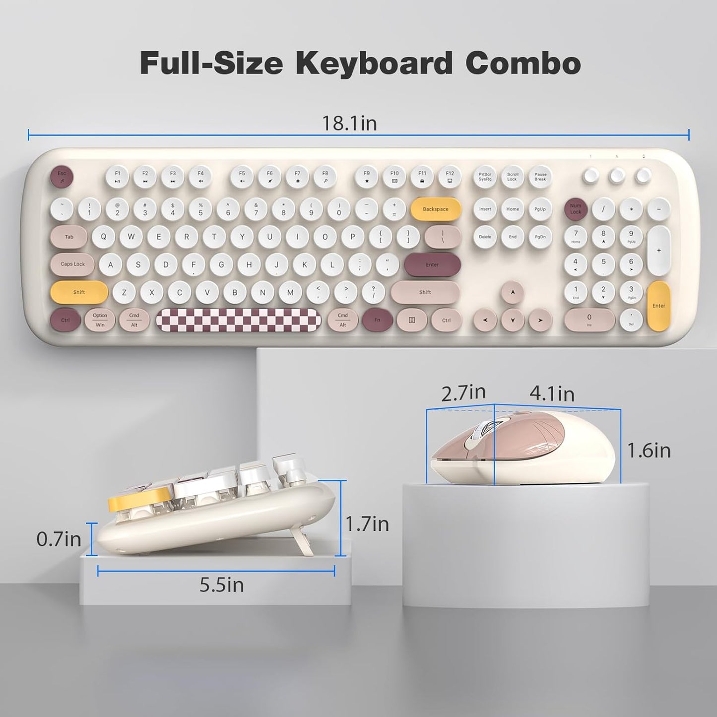 MOFII Wireless Keyboard and Mouse Combo, Full-Sized Colorful Typewriter Keyboard with Round Keycaps, 2.4G Cute Mouse Compatible with PC/Laptop/Computer (Milk White Color)