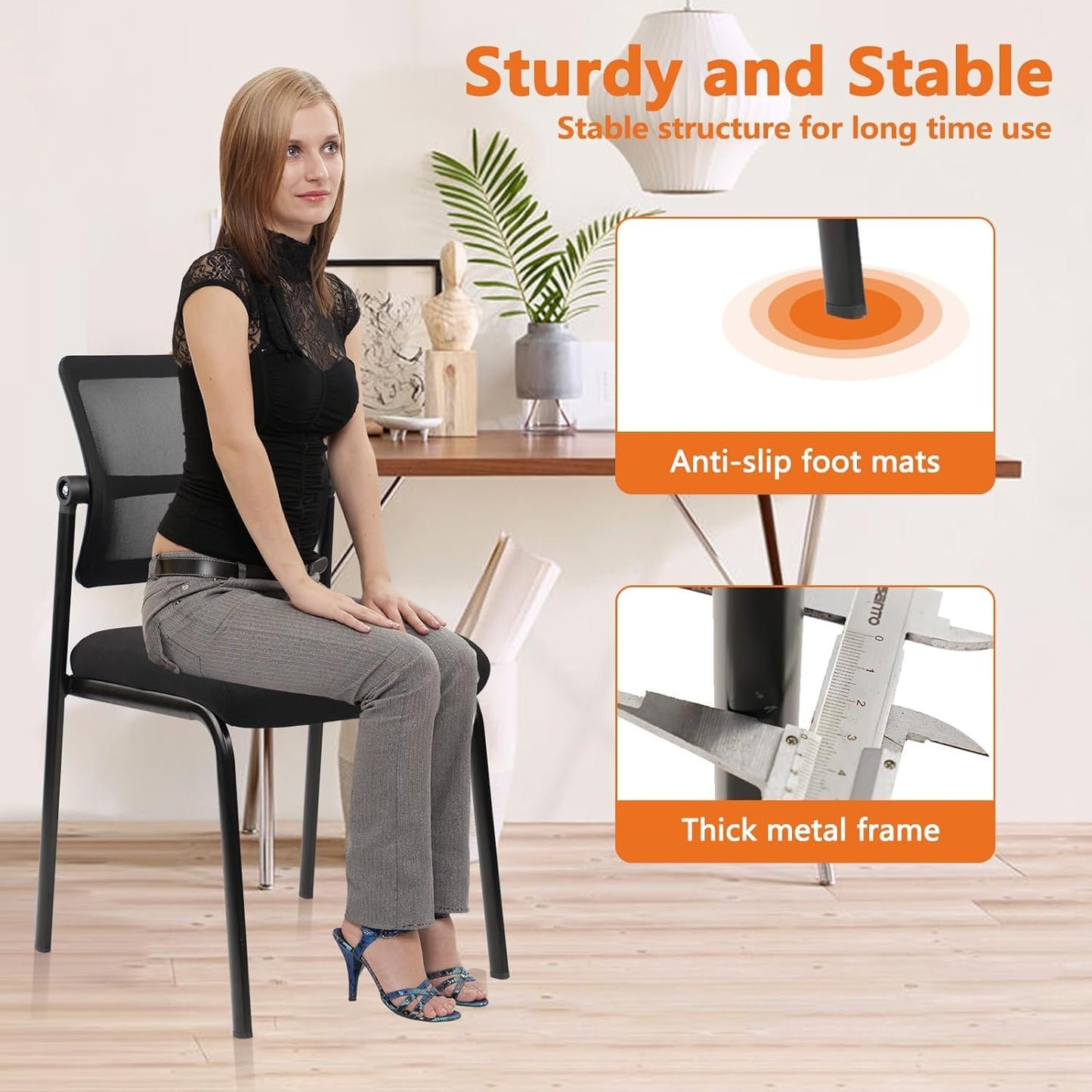 CLATINA Stacking Armless Office Waiting Room Chair with Adjustable Backrest, Stackable Mesh Guest Reception Desk Chairs with Ergonomic Lumbar Support for Conference Lobby Side School, Black, 8 Pack