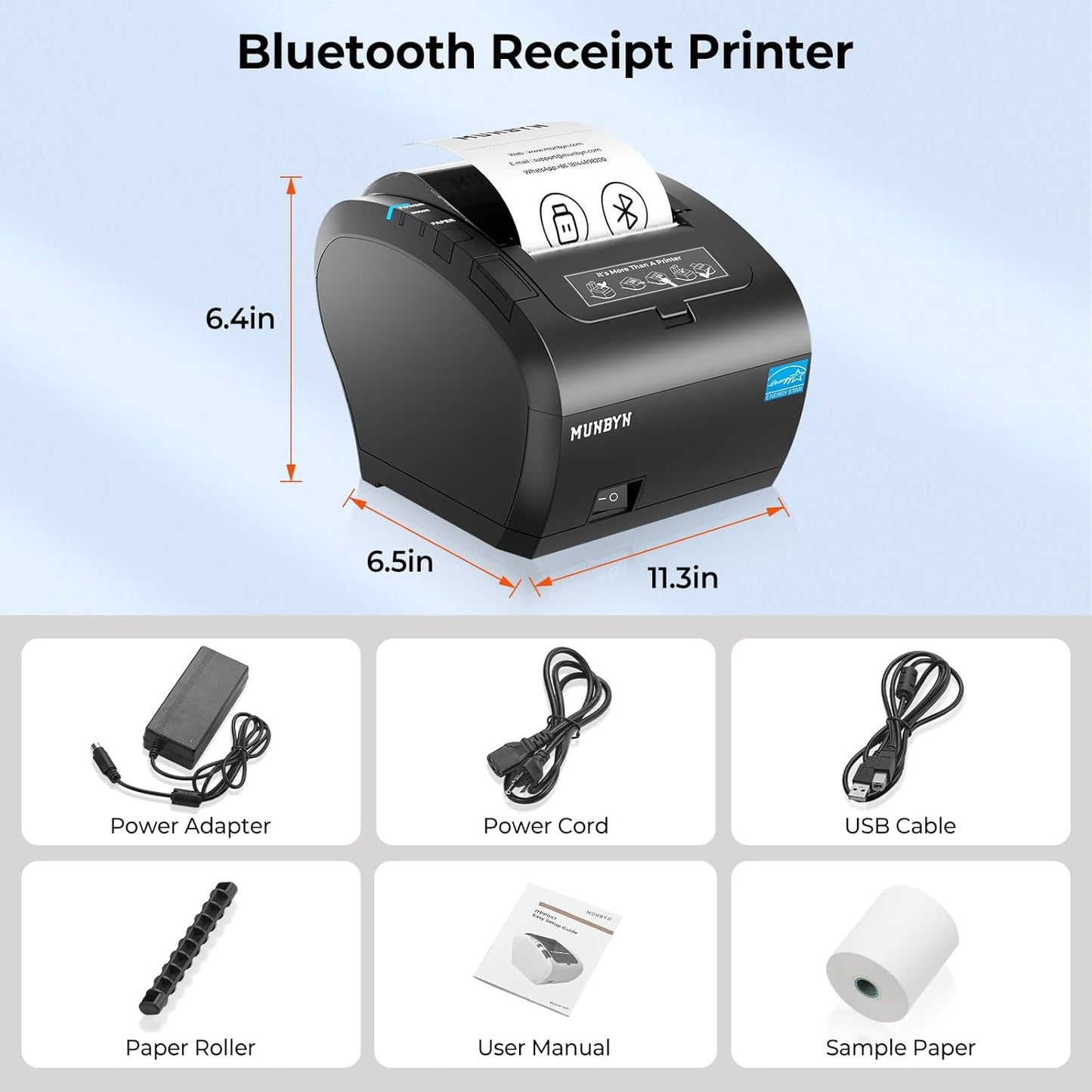 MUNBYN Bluetooth Thermal Receipt Printer P047, 80mm POS Printer, Thermal Printer with USB Serial Ethernet, Bluetooth, Support Android Windows PC (Do Not Support iOS Paypal Doordash Grubhub Vagaro)