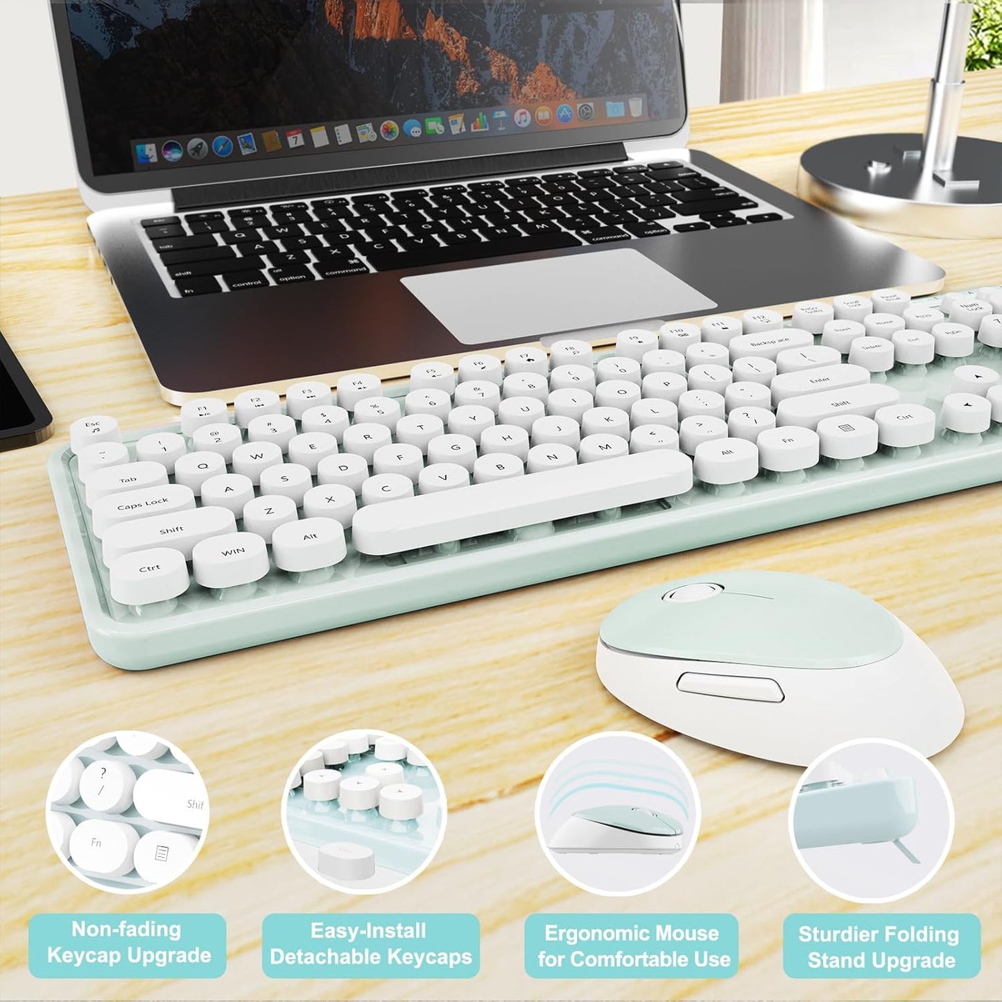 Wireless Keyboard and Mouse Combo, Ergonomic Full Size Typewriter Retro Round Keycaps Keyboard, Compatible with Windows, PC, Perfer for Home and Office Keyboards(Green)