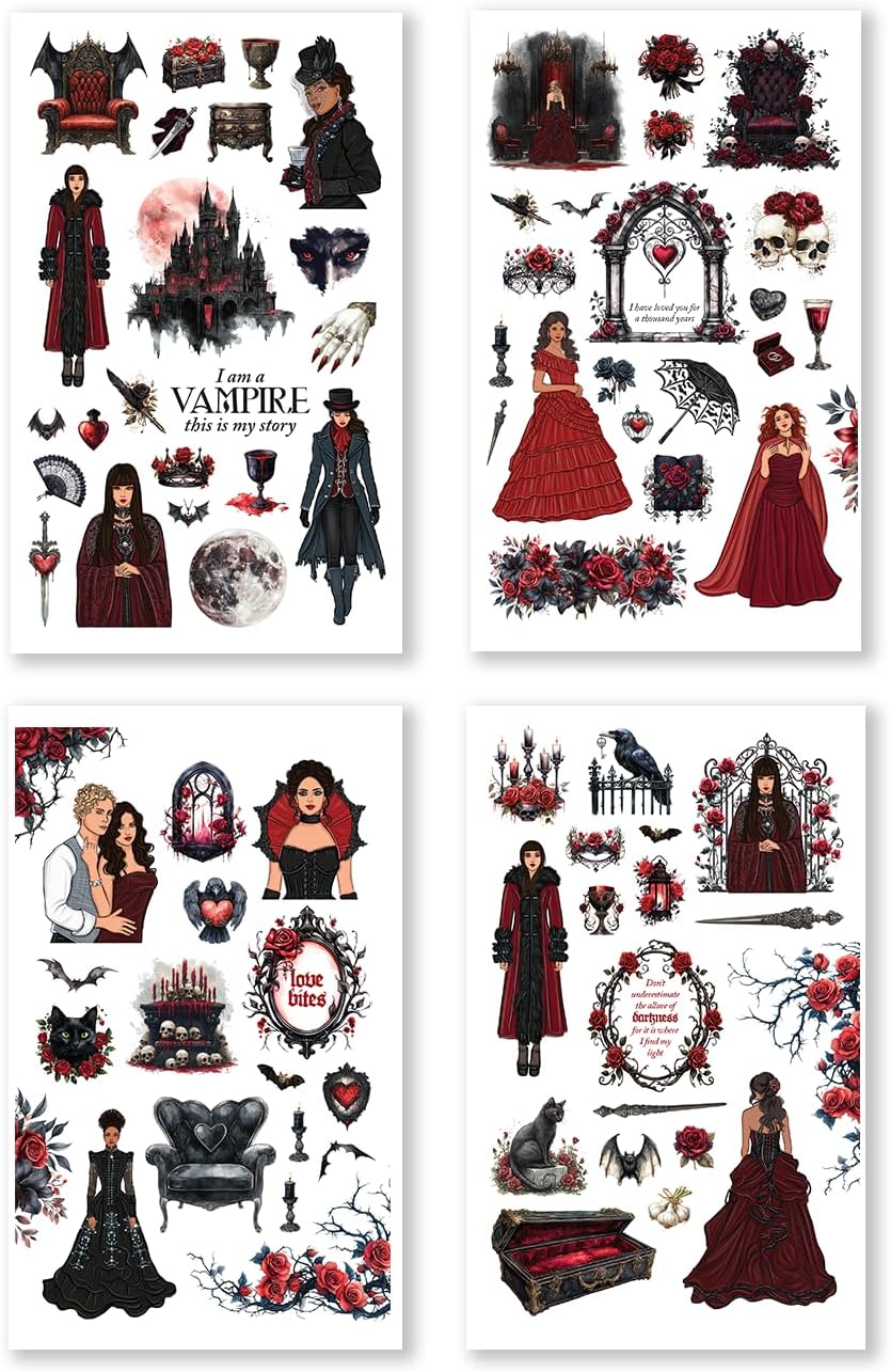 Rongrong Dark Hearts Halloween Planner Sticker Book – 24 Pages of Gothic, Vampire-Inspired Stickers – Perfect for Journals, Scrapbooks, Dark Academia & Spooky October Planner Spreads