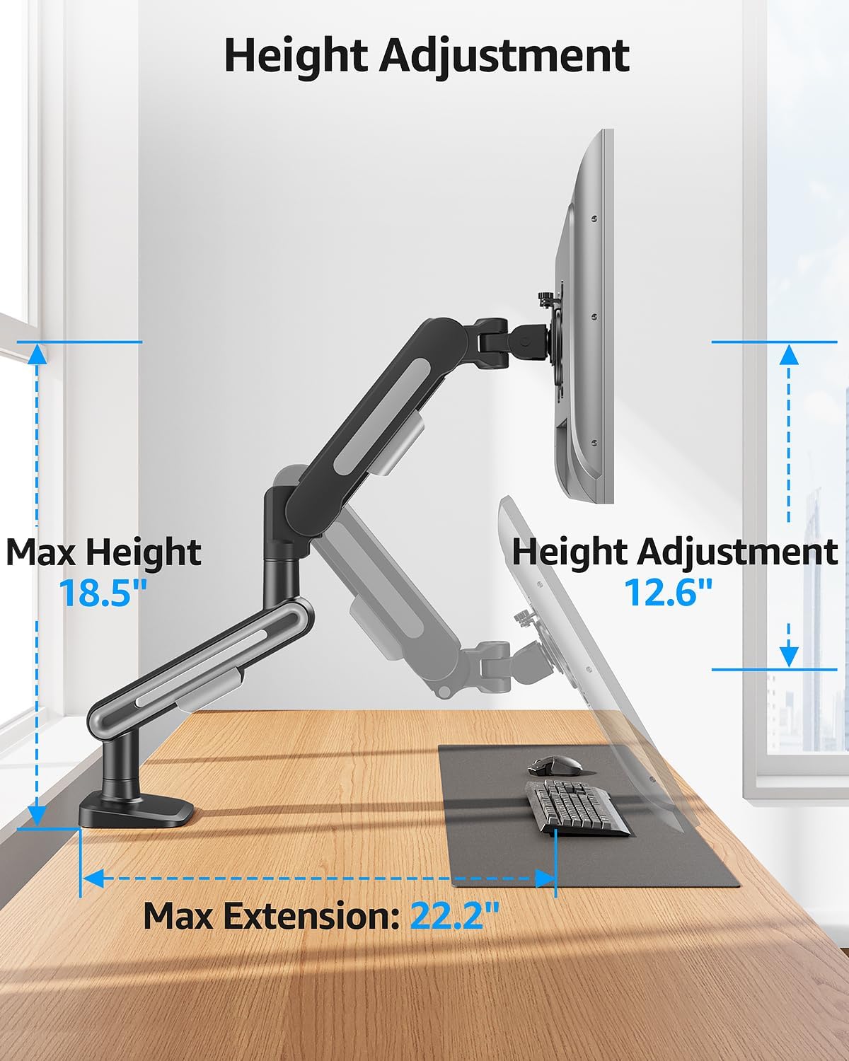 MOUNTUP Single Monitor Desk Mount for 4.4-26.5lbs, Heavy Duty Monitor Arm for 40 39 37 34 32 27inch, Full-Motion Monitors Stand, Height Adjustable Gas Spring Monitors Arm with C-Clamp&Grommet Base