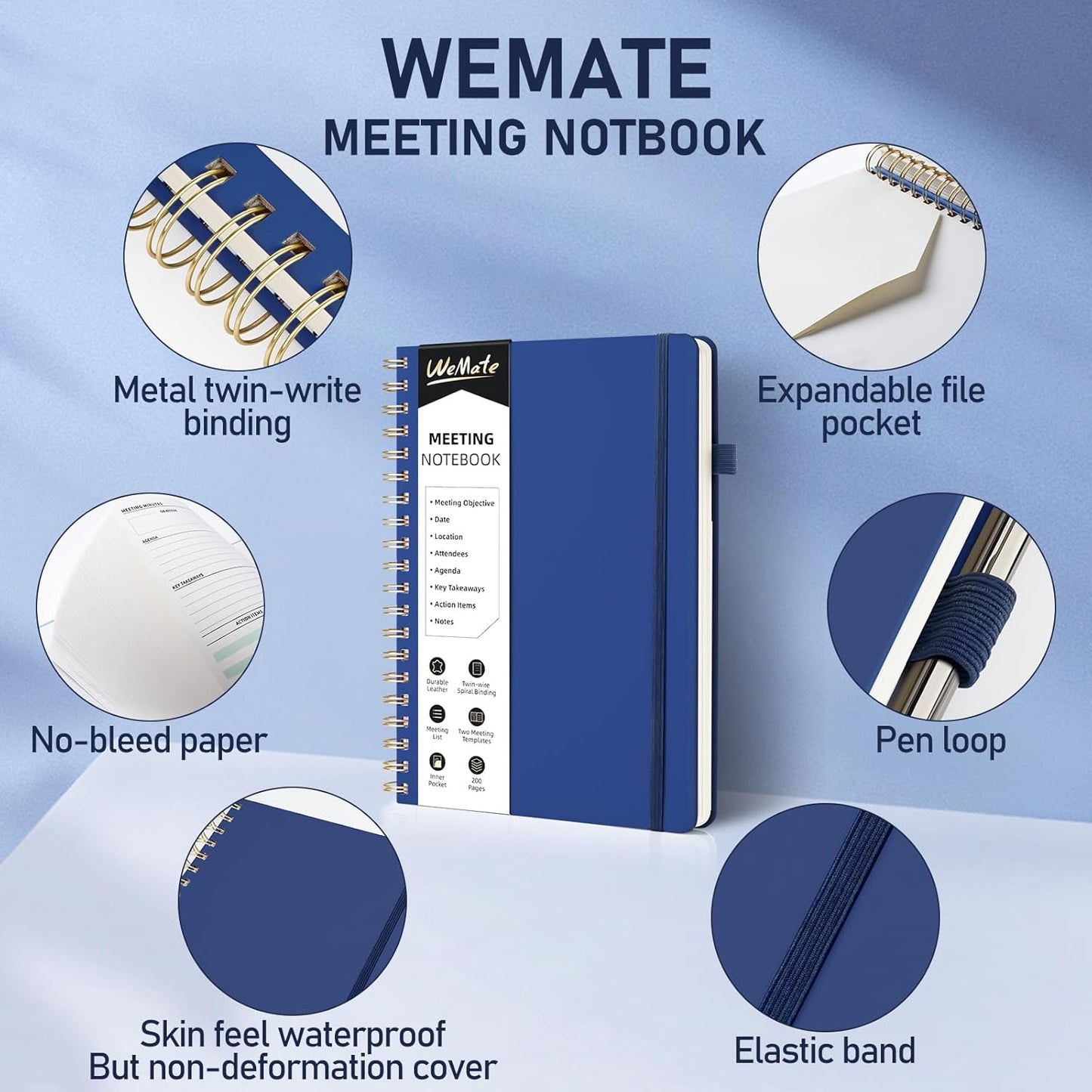 WEMATE Meeting Notebook for Work B5 (7"x10") - PU Leather Work Notebook with Agenda, Action Items & Notes - 200 Pages for Men&Women, Staff and Students, Meeting, Projects Planning - Dark Blue
