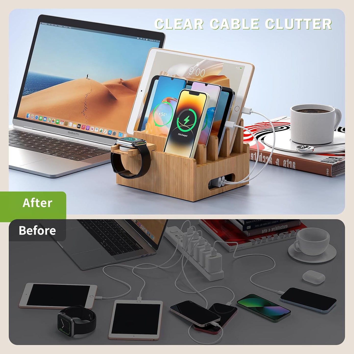 Pezin & Hulin Bamboo Charging Stand, Dock Organizer for Multi Devices, Cell Phone, Tablets, Smart Watch, with Pack 5 Cables, No Power Charger Block