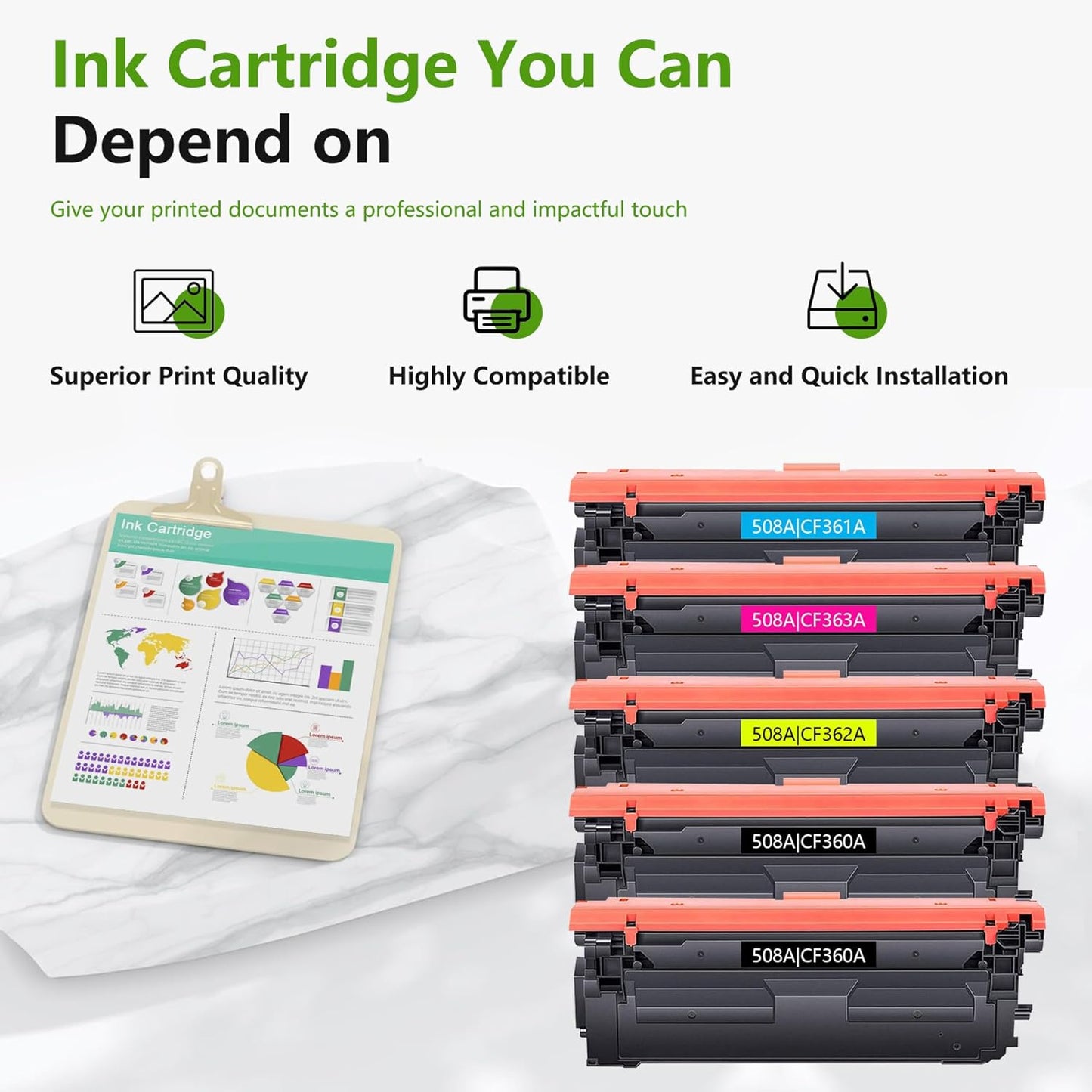 508A Toner Cartridge Combo Pack (5-Pack, 2Black/1Cyan/1Magenta/1Yellow) Compatible 508A 508 Toner Cartridges CF360A CF361A CF362A CF363A Replacement for M553 M552 553 MFP M577 Series Printer