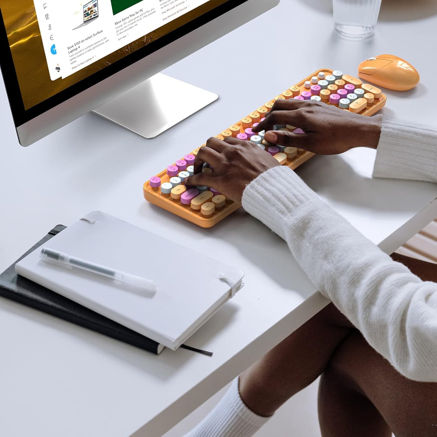 MOFII Wireless Keyboard and Mouse Combo, Retro Wireless Keyboard with Round Keycaps, 2.4GHz Dropout-Free Connection, Cute Wireless Mouse for PC/Laptop/Windows XP/7/8/10 (Orange-Colorful)