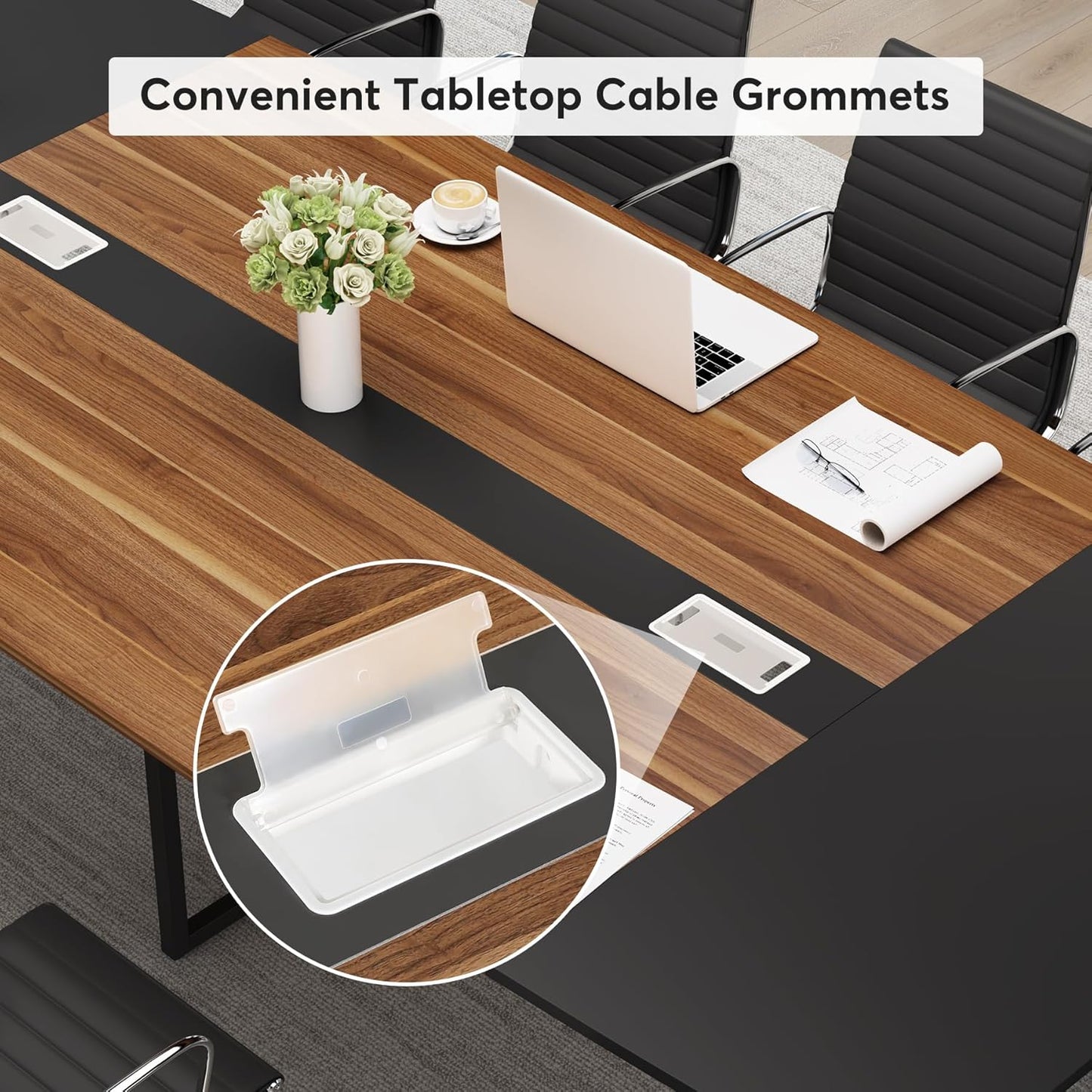 Tribesigns 8FT Conference Table, 94.48L x 47.24W x 29.52H Inches Boat Shaped Meeting Table with Rectangle Grommet, Modern Seminar Boardroom Table for Office Conference Room (8ft, Walnut & Black)