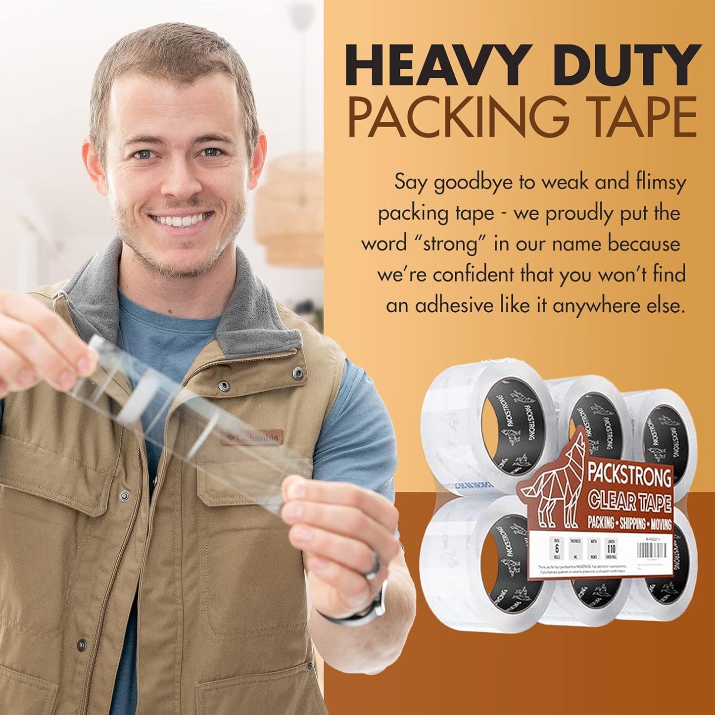 Packstrong Industrial Grade Clear Packing Tape 6 Rolls - 110 Yards per Roll - 3" Wide x 2.0 mil Thick, Acrylic Adhesive Heavy Duty Tape for Box Office Moving Packaging Shipping