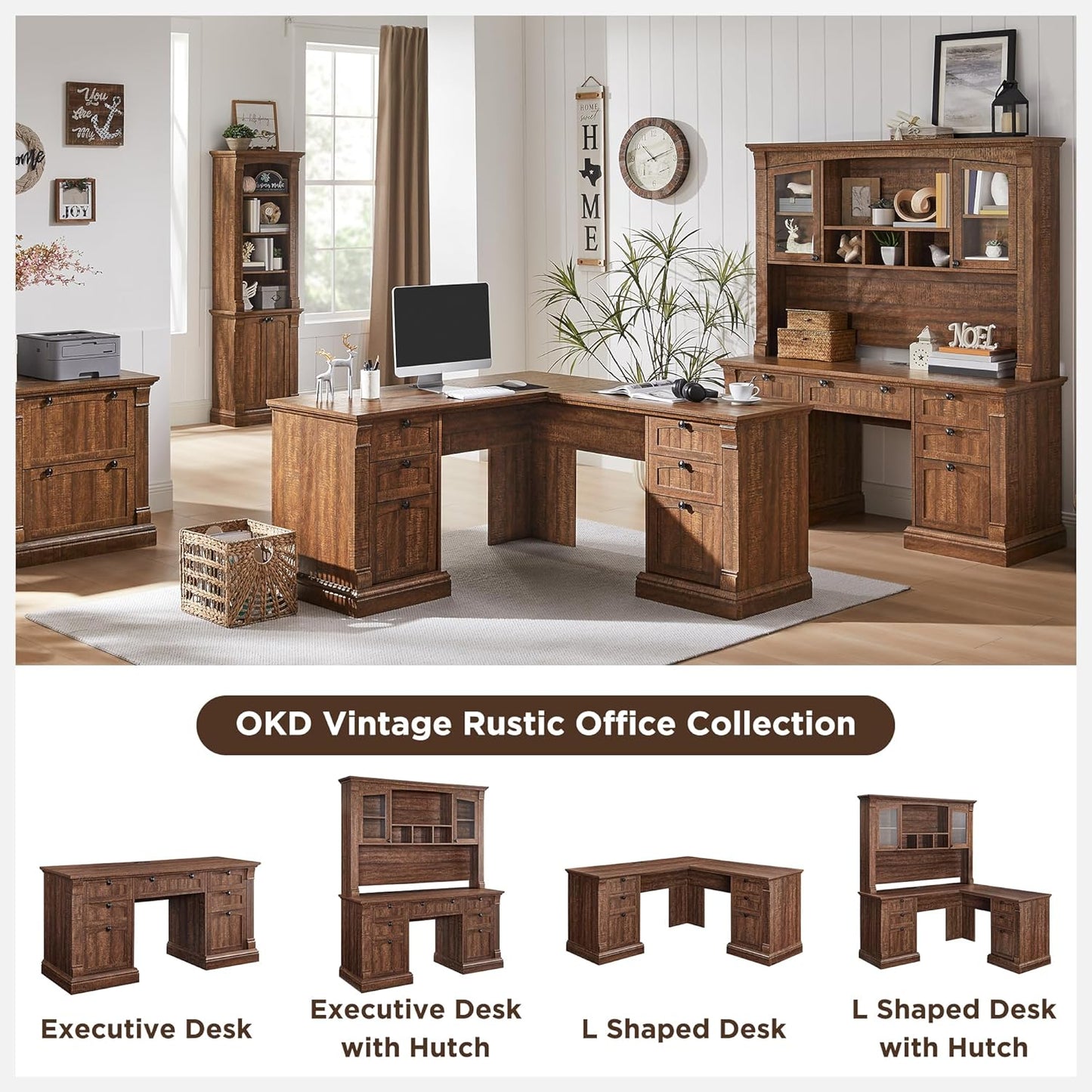 OKD 60" L Shaped Executive Desk with Hutch and Drawers, Farmhouse Home Office Desk with Charging Station, File Cabinet Storage, Wood Corner Computer Desk for Work and Study, Reclaimed Barnwood