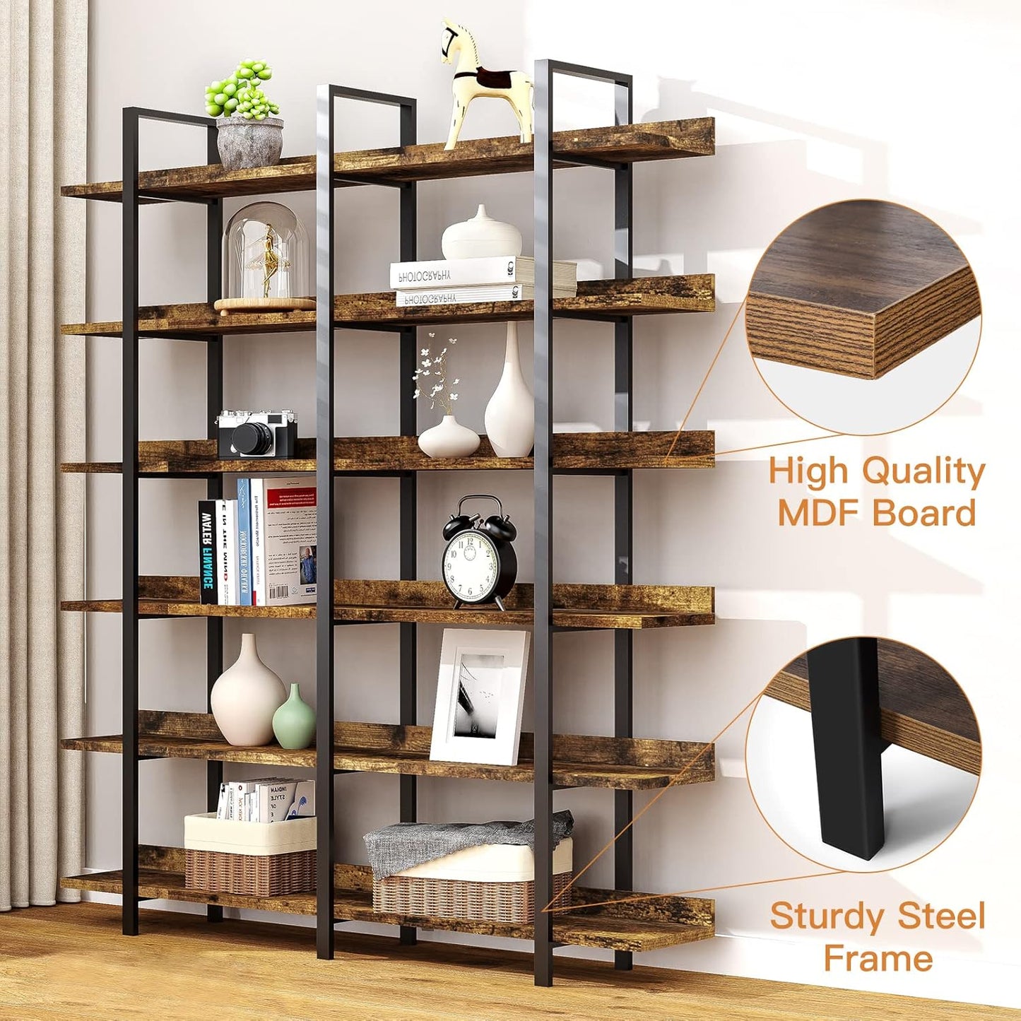 FRAPOW 83Inch Industrial Bookshelf and Bookcase, Double Wide 6 Tier Large Vintage Book Shelf with Metal Frame Open Bookshelves for Living Room Home Office