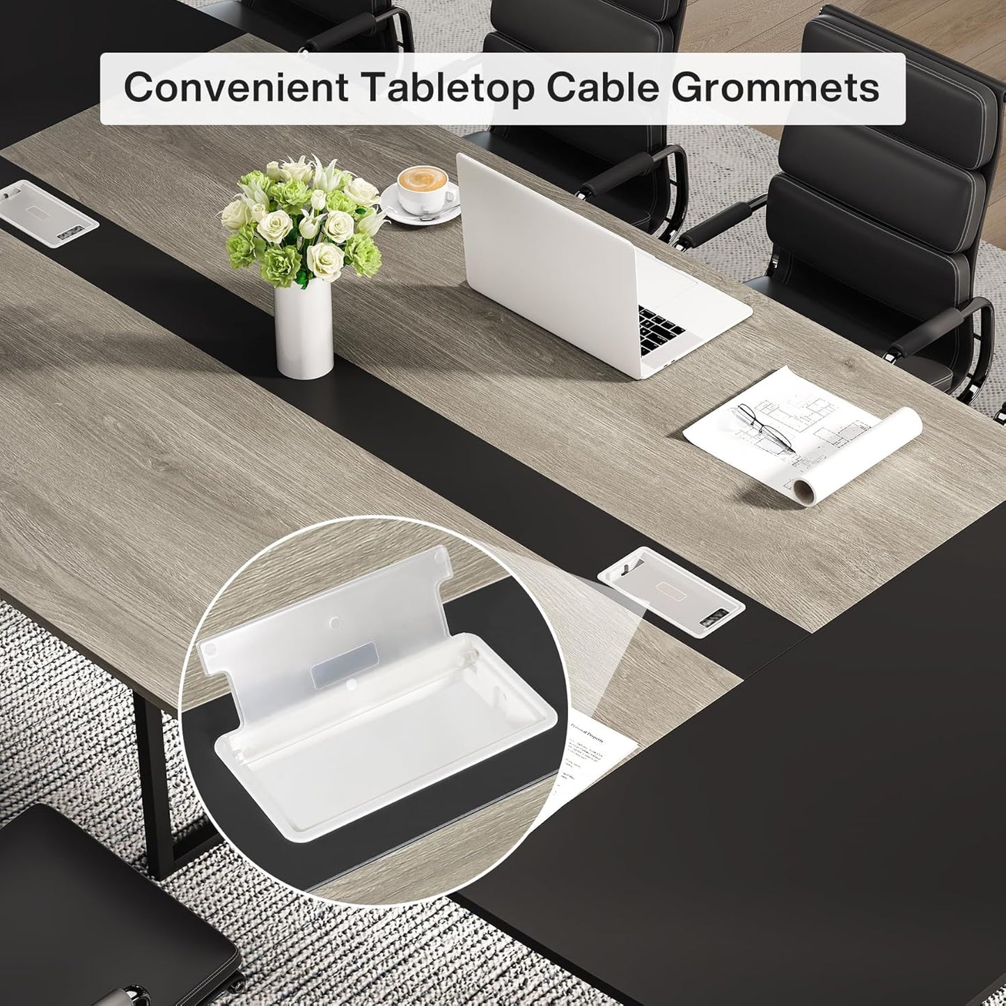 Tribesigns 8FT Conference Table, 94.48L x 47.21W x 29.52H Inches Boat Shaped Meeting Table with Rectangle Grommet, Modern Seminar Boardroom Table for Office Conference Room (Grey & Black, 8ft)
