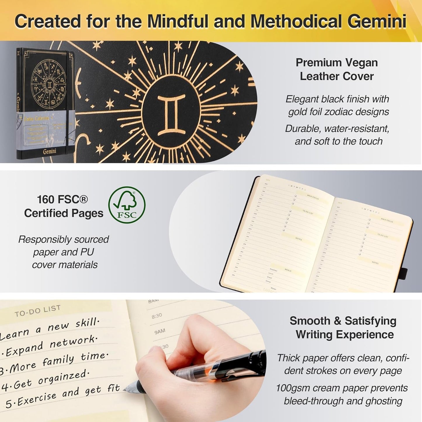 Gemini Zodiac Astrology Undated Monthly Weekly Daily Planner Journal Hardcover A5 5.7" x 8.3" 160 Pages 100GSM Paper 2025 2026 2027 Holidays Calendar