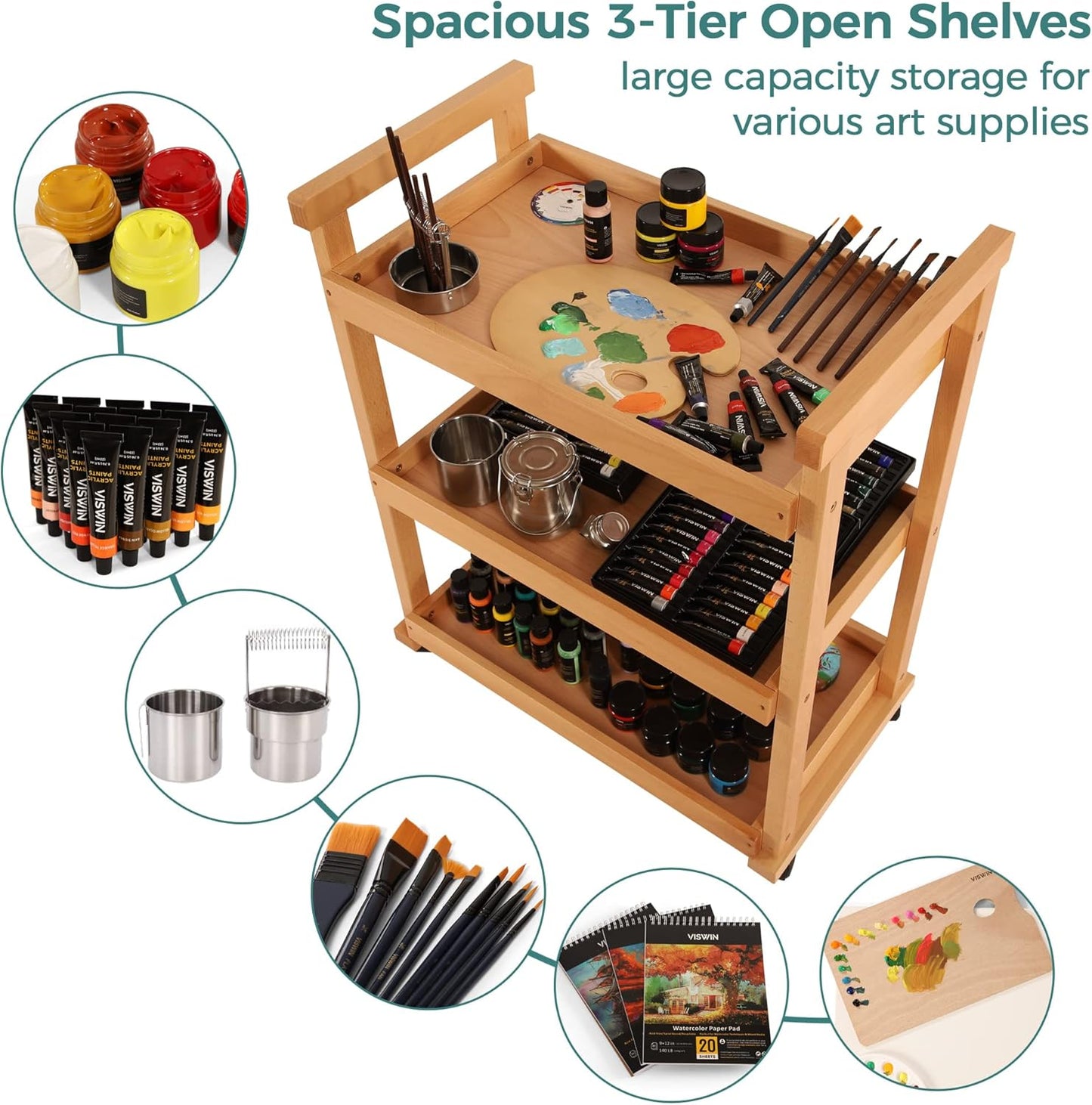 VISWIN Art Cart Organizer, Solid Beechwood Art Supply Storage Organizer with Caster Wheels, 3-Tier Multifunctional Rolling Utility Storage Cart for Studio, Classroom, Artists - Natural
