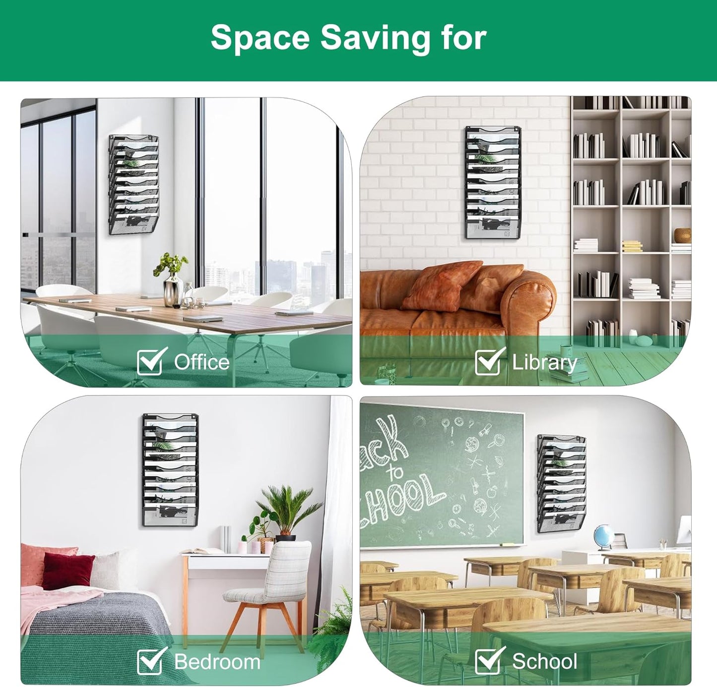 10-Pocket Wall File Organizer, Hanging Mail Organizer Wall Mounted Paper Document Holder, Metal Clipboard Storage Basket for Office Home School Organization, Black