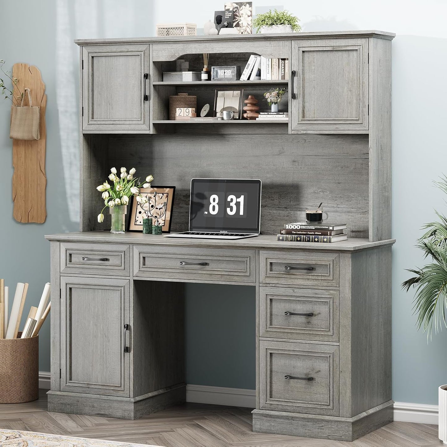 67" H Farmhouse Executive Desk with Hutch. Wood Workstation with 5 Drawers, Storage Cabinet, File Drawers and Charging Station, Ideal as Office Desk, Computer Desk for Home Office and Study.Gray