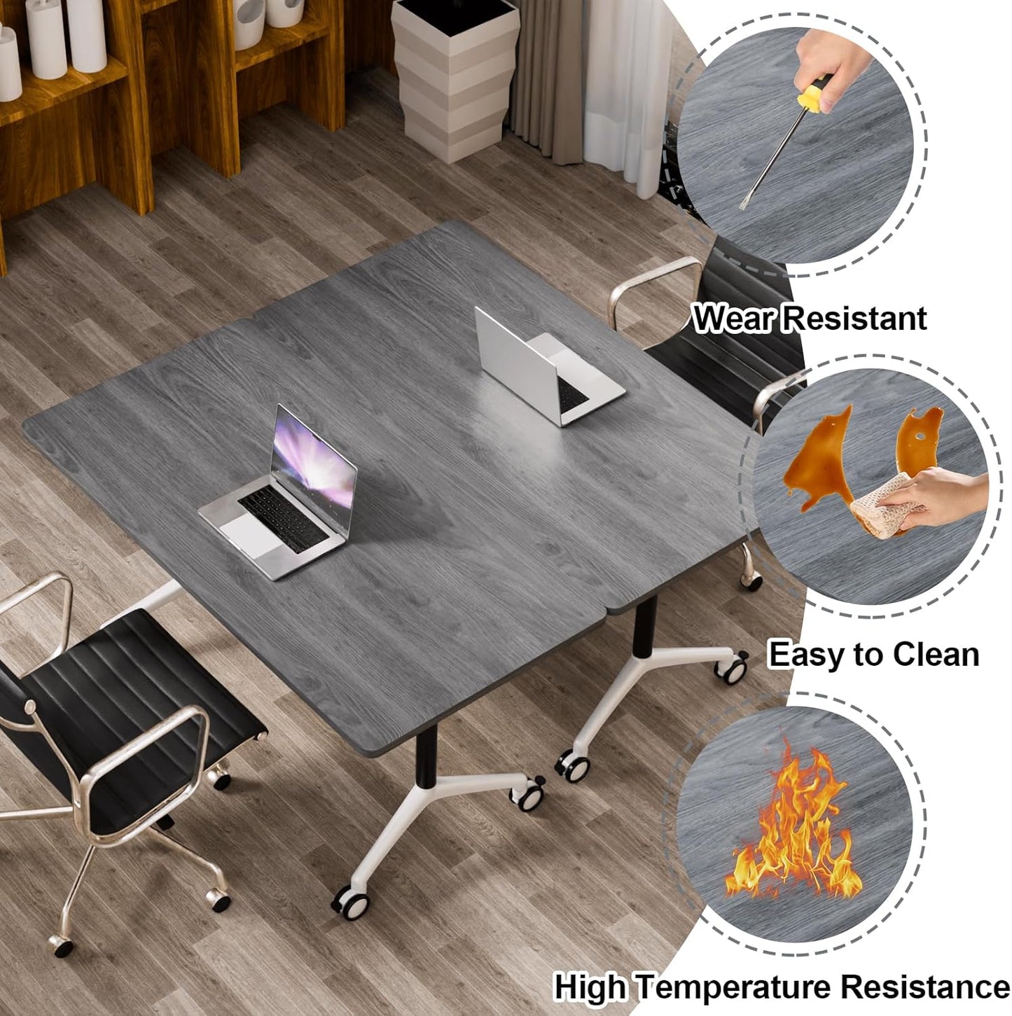 Folding Conference Table, Modern Large Conference Room Tables with Flip-Top Design, Foldable Conference Table Meeting Table with Wheels, Mobile Seminar Training Tables for Office Classroom (4, Oak)