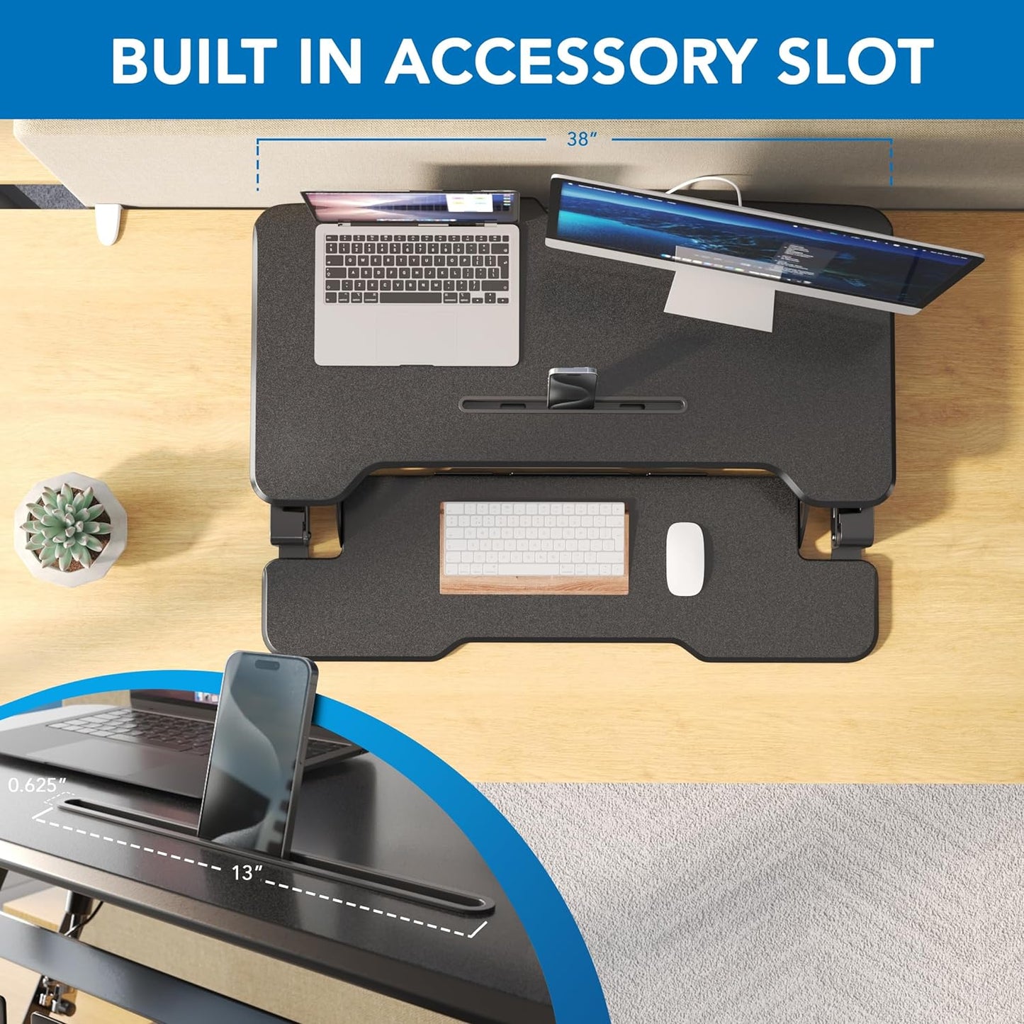 Mount-It! Height Adjustable Standing Desk Converter, 38” Wide, Stand Up Desk Riser for 2 Monitors, Manual Gas Spring Desktop Raises to 16.9", Fits Two Monitor Screens with Keyboard Mouse Tray in Black