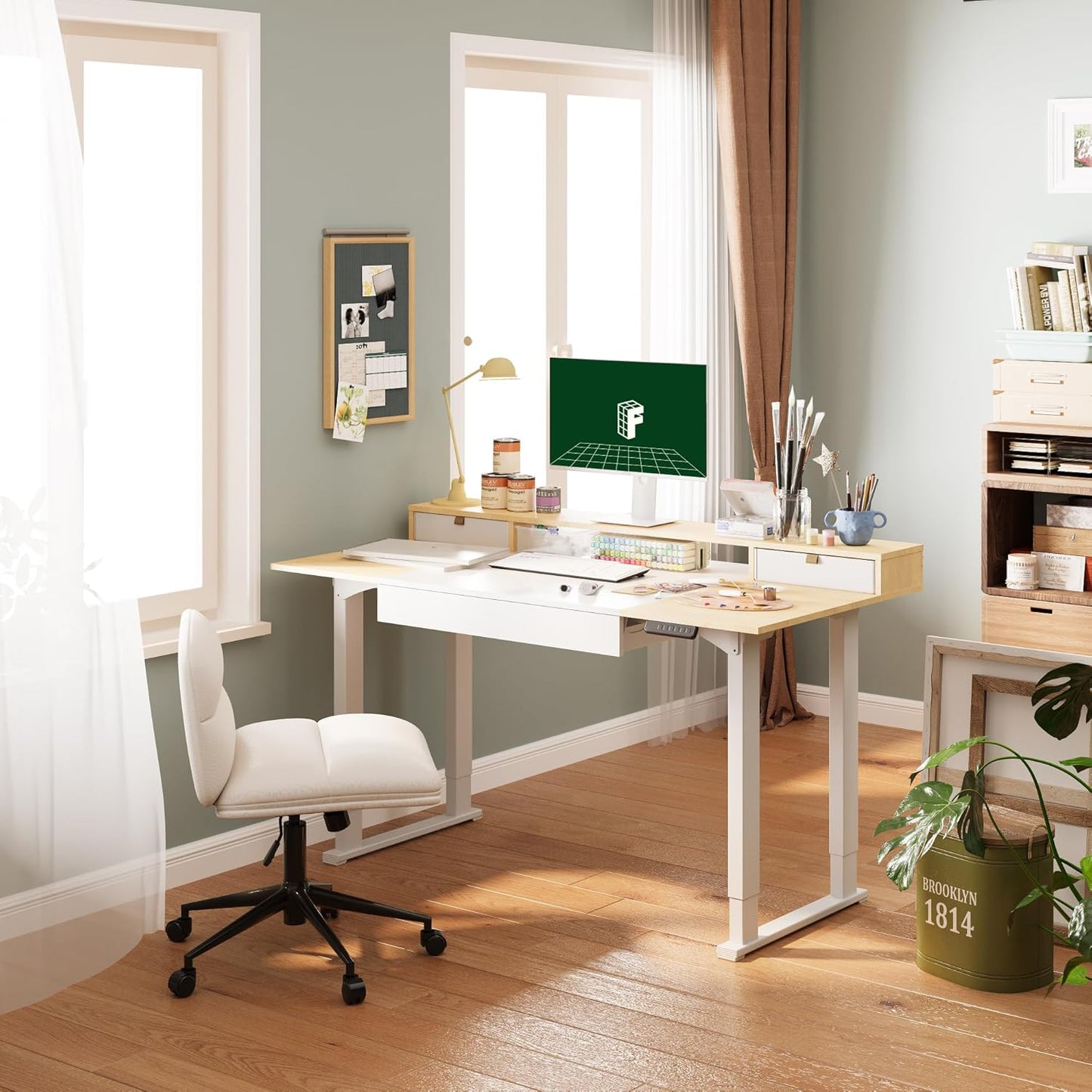 FLEXISPOT 4-Leg Standing Desk with Storage 71x32 in Electric Adjustable Height with 3 Drawers & Shelving Home Office Workstation (White + Maple Top)