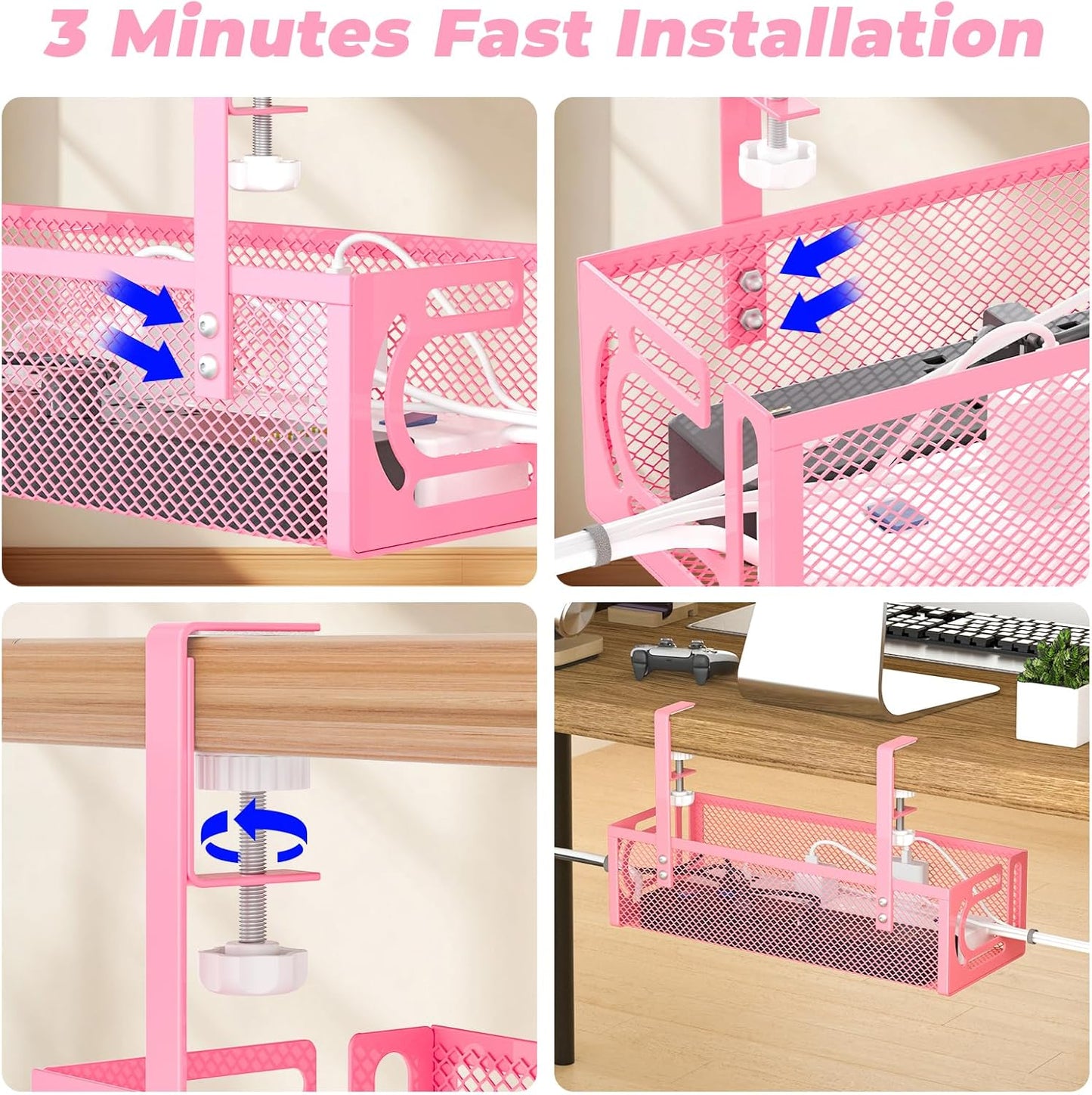 Under Desk Cable Management Tray, 15.7'' No Drill Steel Desk Cable Organizers, Wire Management Tray Cable Management Rack (2 Packs-Pink)