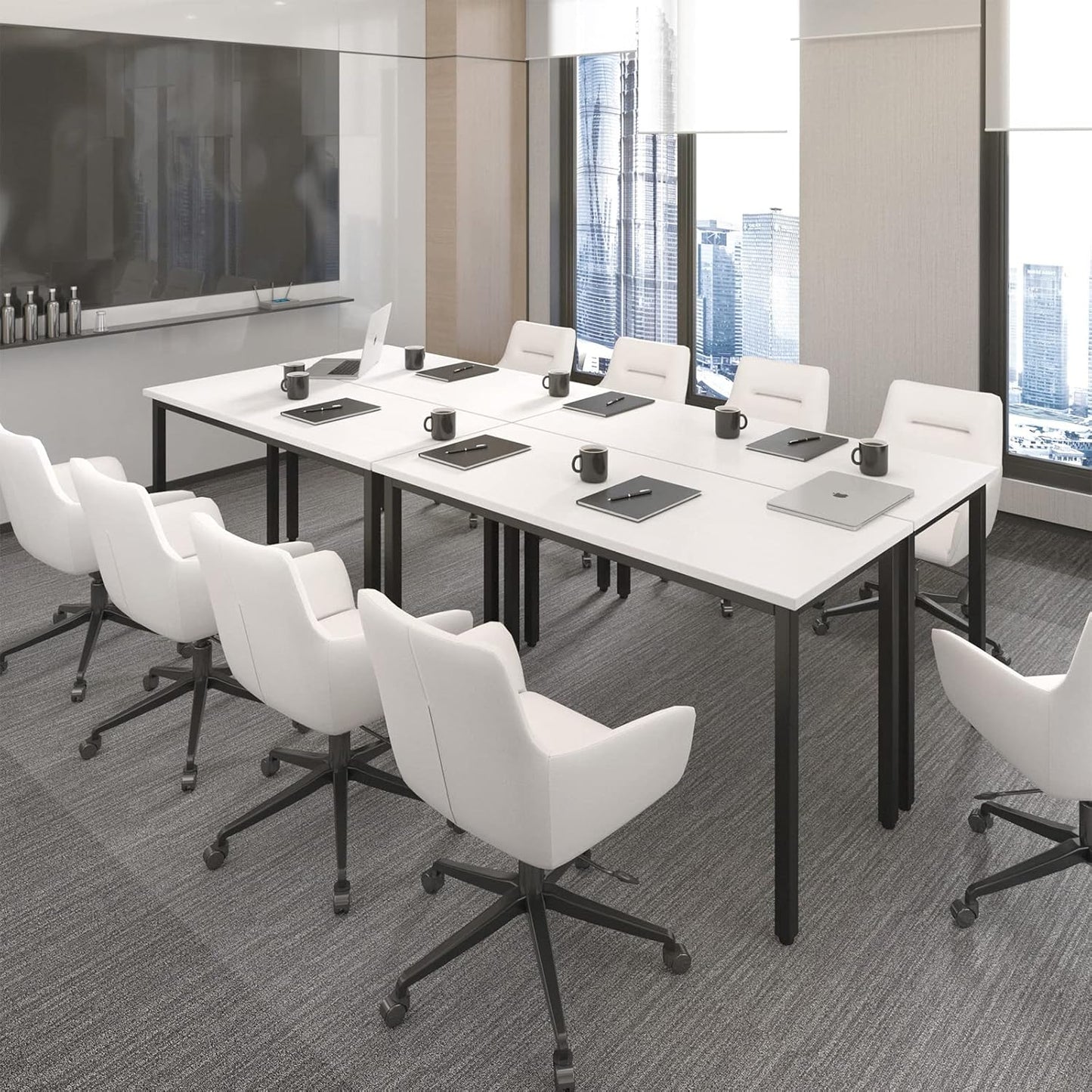 Bonzy Home Conference Tables 8ft Office Computer Desk for Meeting Room Study Writing Printer Podcast Table for 4-8 People Modern White 2PCS 94.4"x23.6"x29.5"