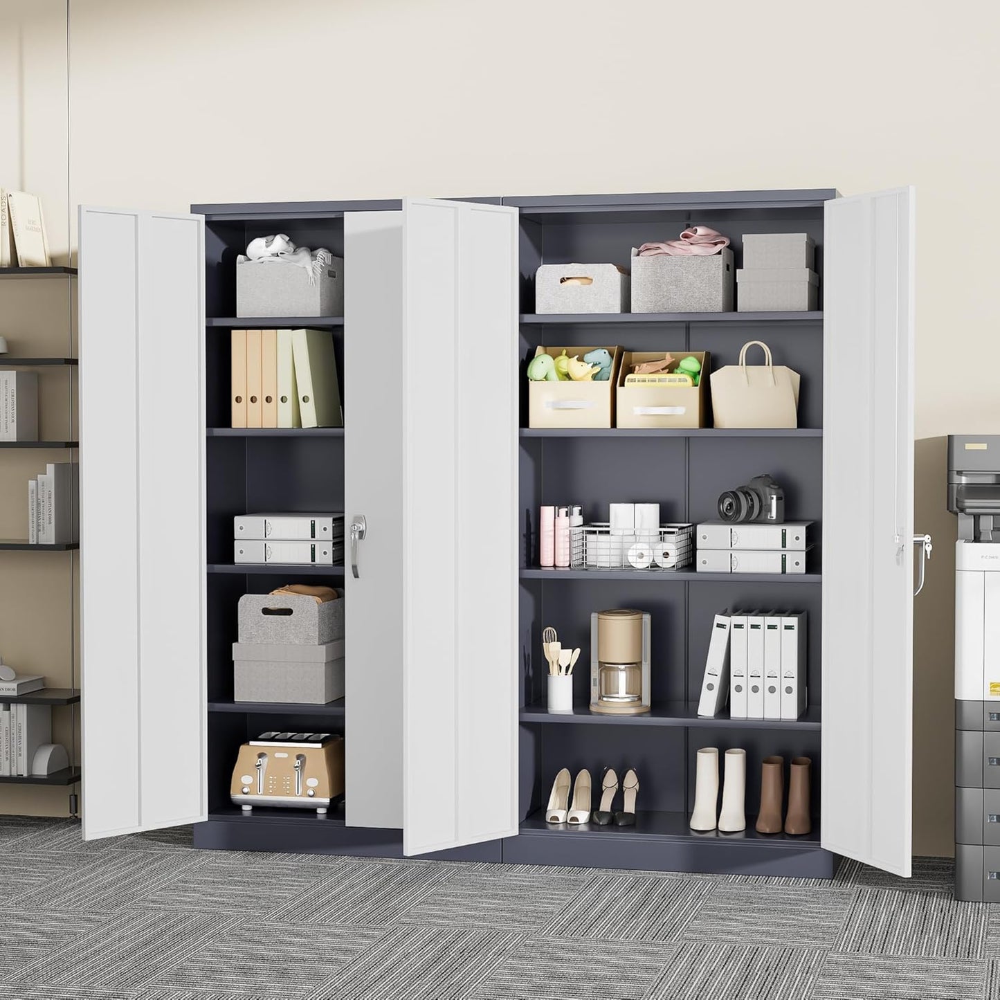 Greenvelly Metal Garage Storage Cabinet, Tall Steel Storage Cabinets with 2 Doors and 4 Adjustable Shelves, Metal Tool Cabinets, Locking File Cabinet for Home Office, Garage, School (Gray White)