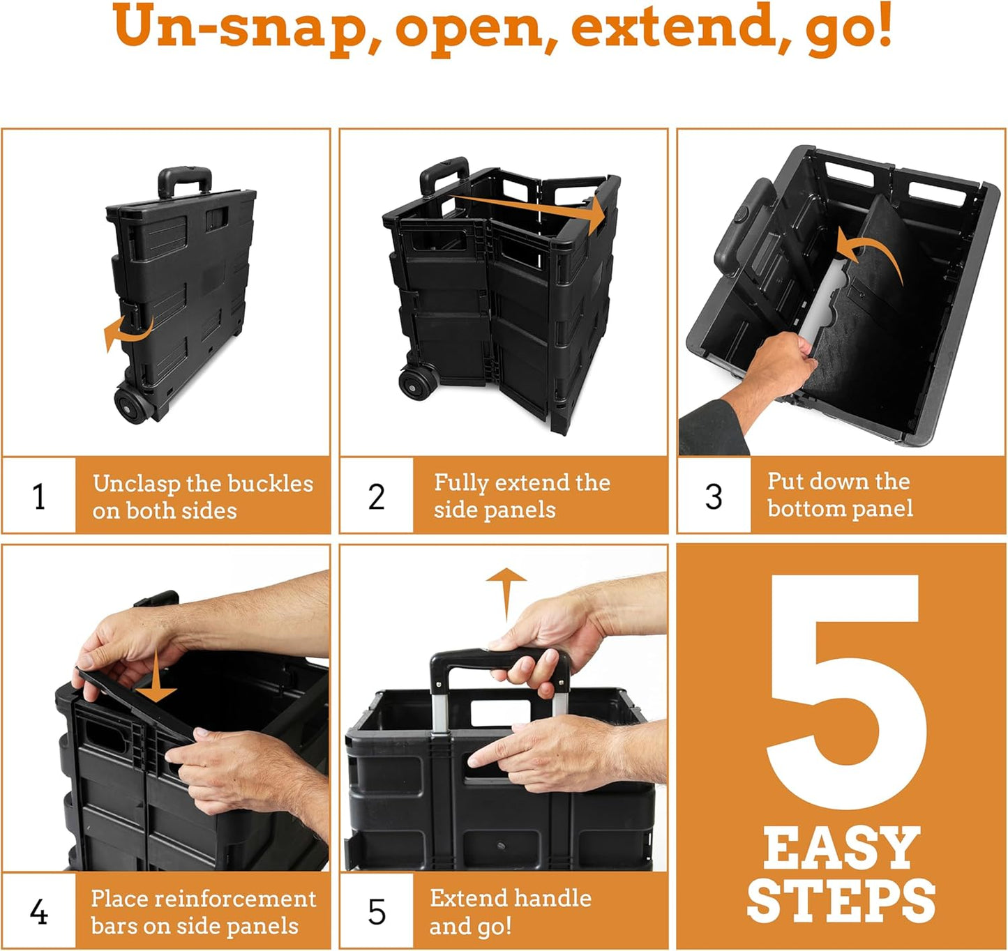 Inspired Living Collapsible Ultra-Slim Pack-N-Roll, 2 Wheel Utility Cart , With Telescopic Handle - Super Strong up to 80 Lbs Load Capacity, Black