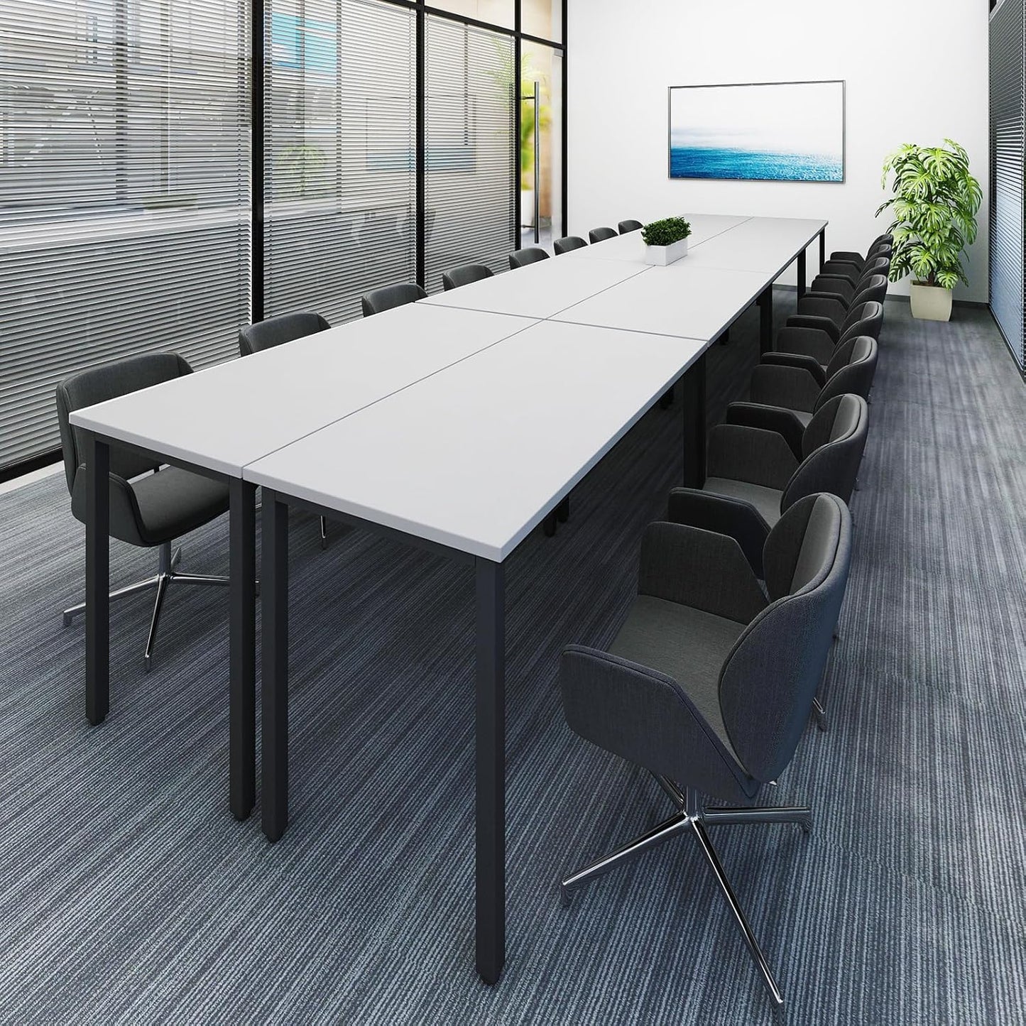 Bonzy Home Conference Tables 18ft Office Computer Desk for Meeting Room Study Writing Printer Table Meeting Seminar Table for 20 People Rustic Modern White 8PCS 220.4"x47.2"x29.5"