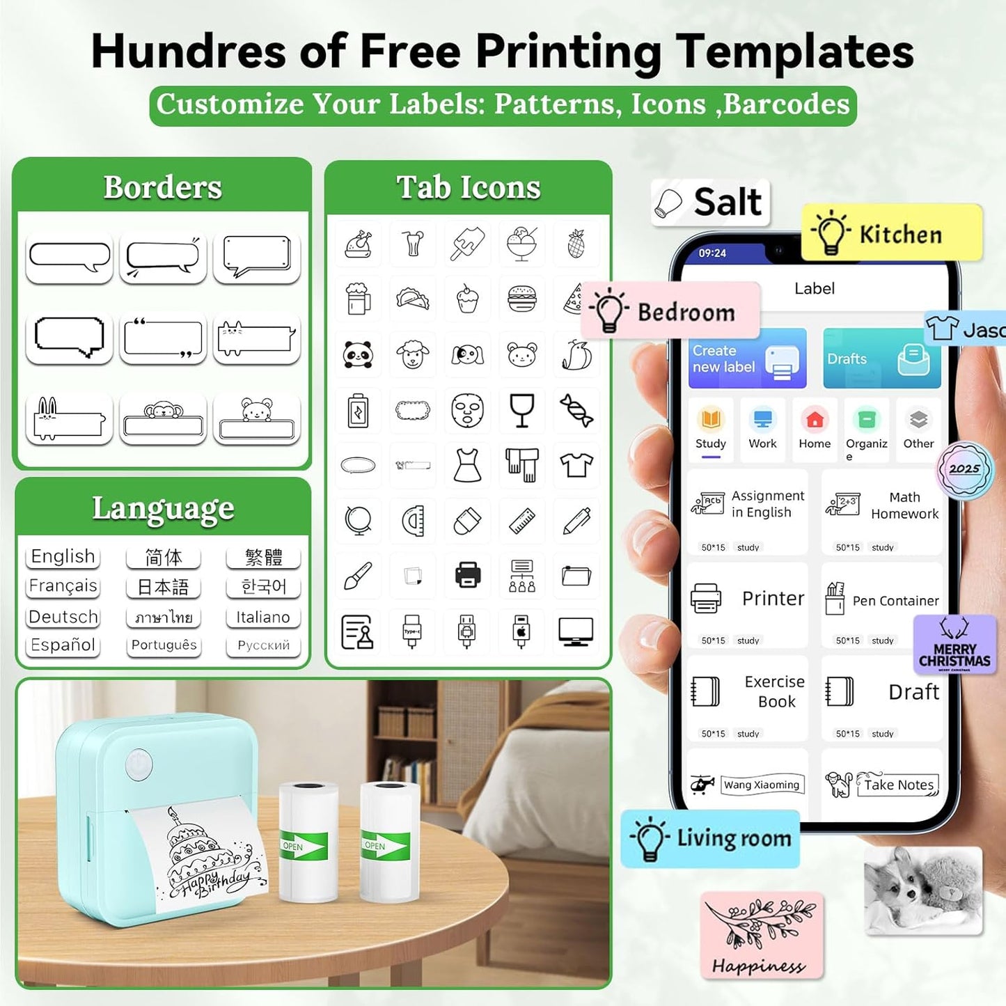 Label Maker Machine with Tape - 14 Sizes Mini Sticker Printer Bluetooth Label Printer for Home Office Organization, Portable Thermal Sticker Maker Print Pod with Multiple Templates for Phone