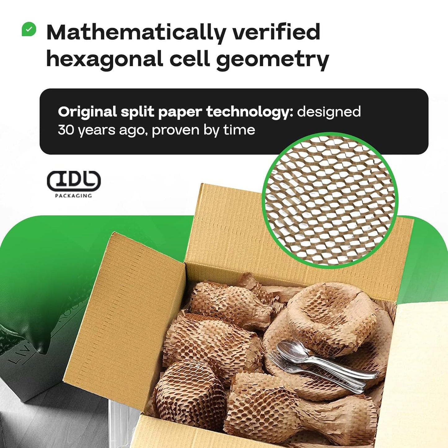 IDL Packaging Original HexcelWrap Honeycomb Packing Kraft Paper 15.25" x 300' Roll in Self-Dispensed Box, White - The First Patented Interlocking Slit Paper Design for Shipping