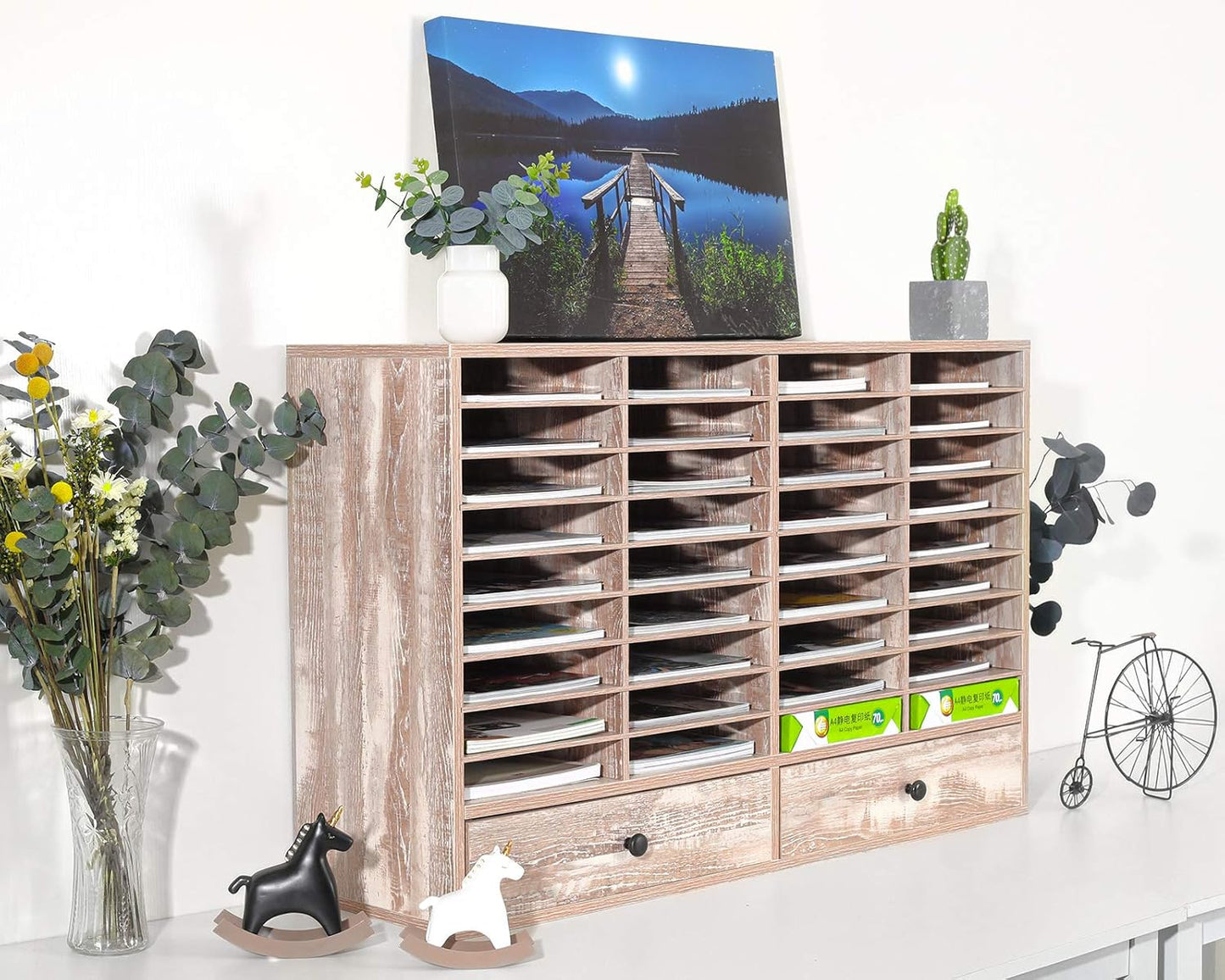 PAG Mail Sorter Organizer, Wood Literature Organizer, Student Mailbox for Classroom, Desktop Bill Paper Organizer for Office Home School, 38 Compartments, Retro White