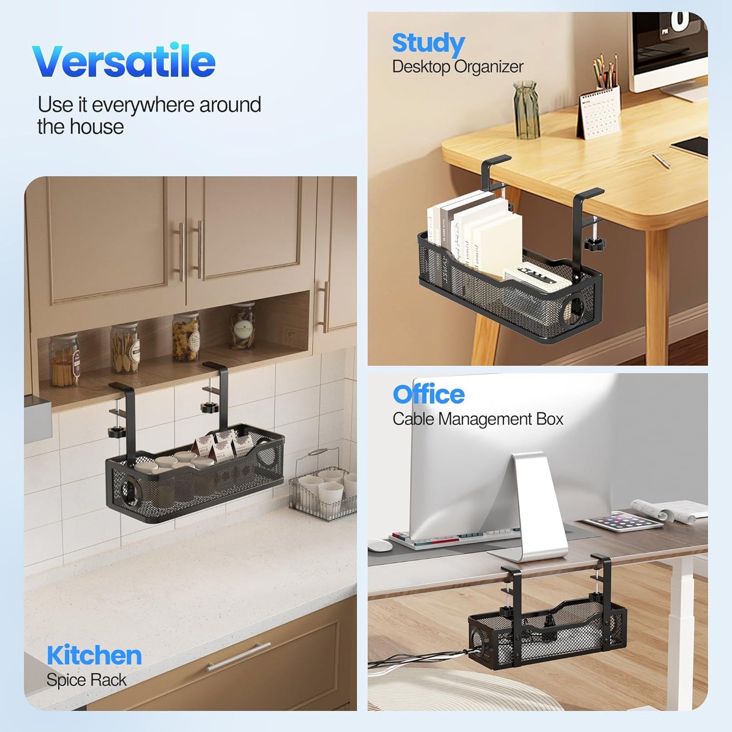 Cable Management Under Desk Tray, No Drill Cable Management Box With Clamp for Wire Organization, Cord Organizer for Office, Home - No Damage to Desk (Black)