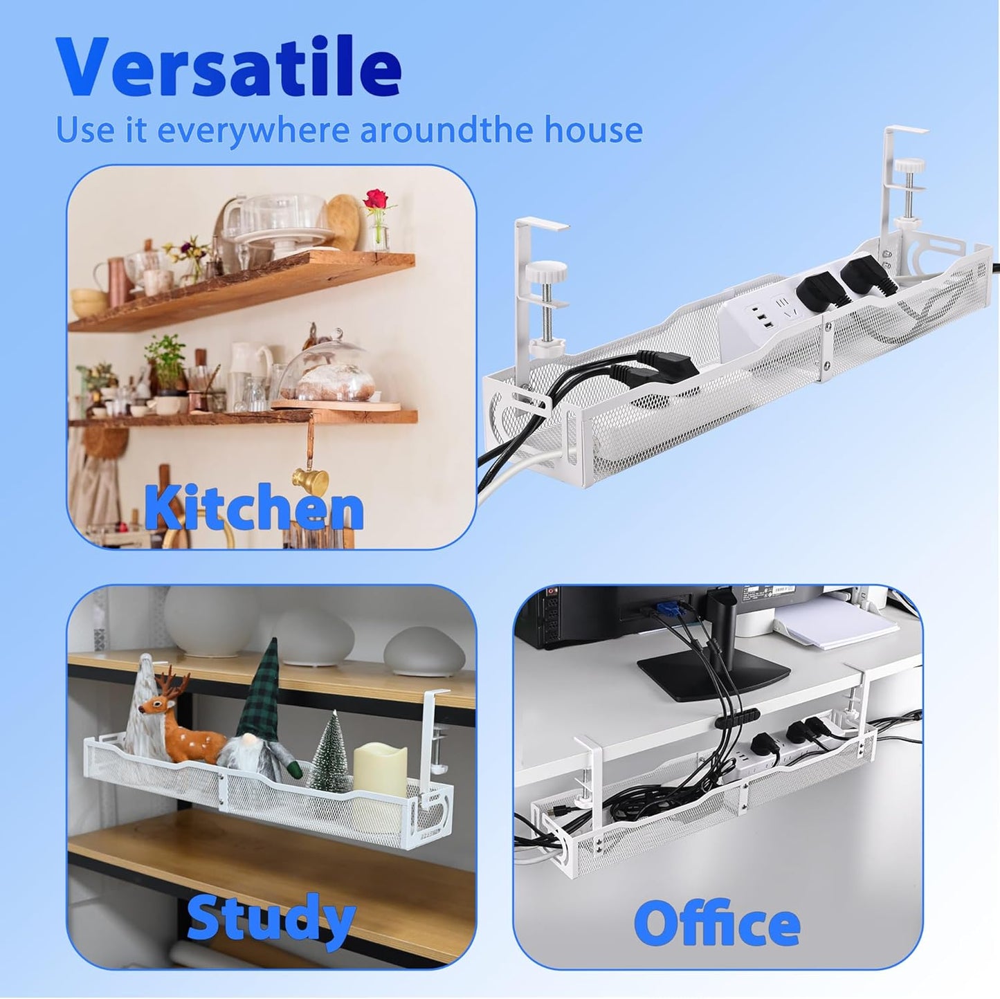 Under Desk Cable Management Tray 25.3 Inch – No Damage Install, Cord Organizer for Office & Home, Wire Organizer for Desk Storage, White