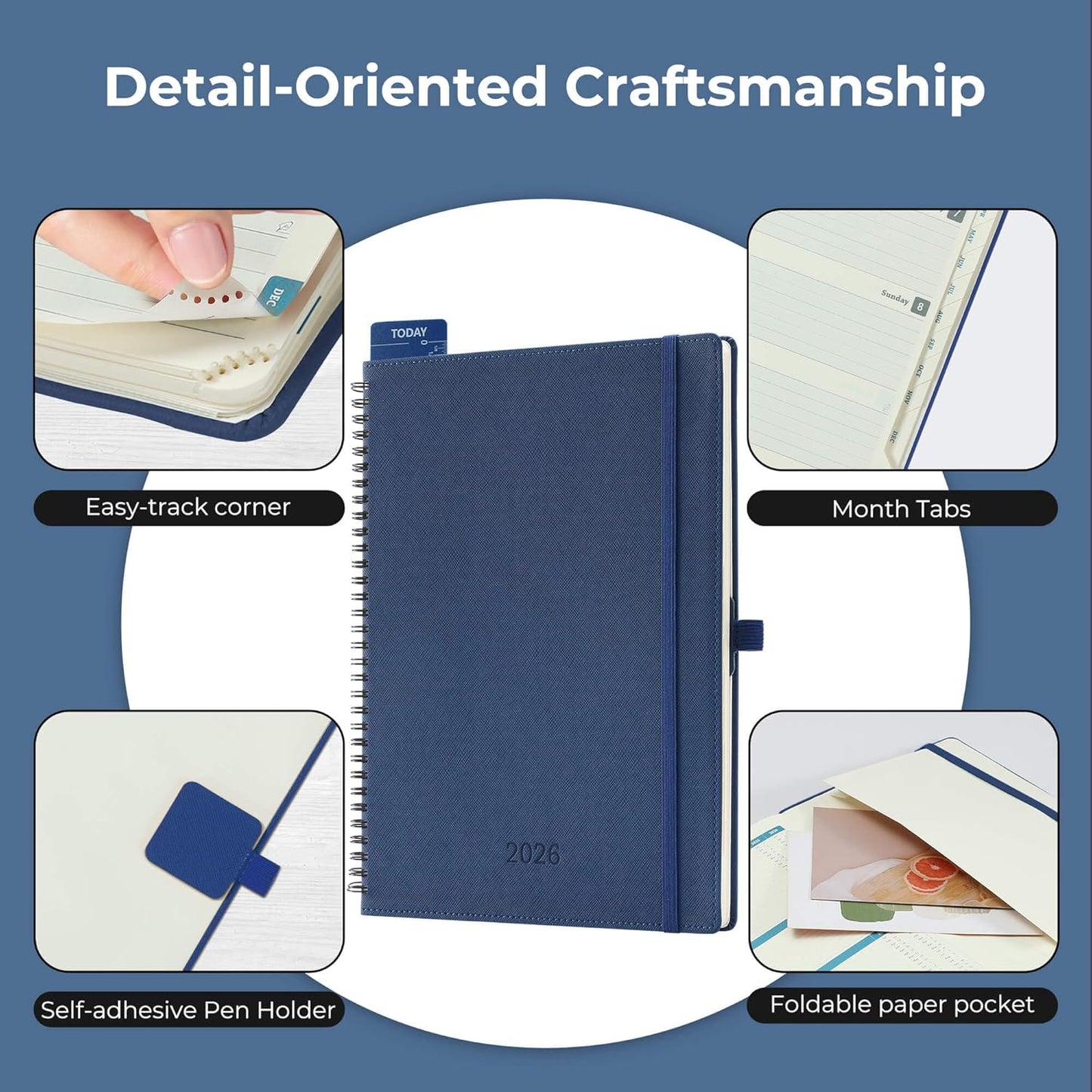 Planner 2026 Daily Weekly and Monthly,11.5"x8.5",12 Months Spiral Bound Calendar Agenda with Self-adhesive Pen Holder,2026 Appointment Book with Vegan Leather Soft Cover,Blue